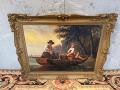 Charming River Scene by H. Werner – Fisherman’s Family in a Rowboat 19th Century