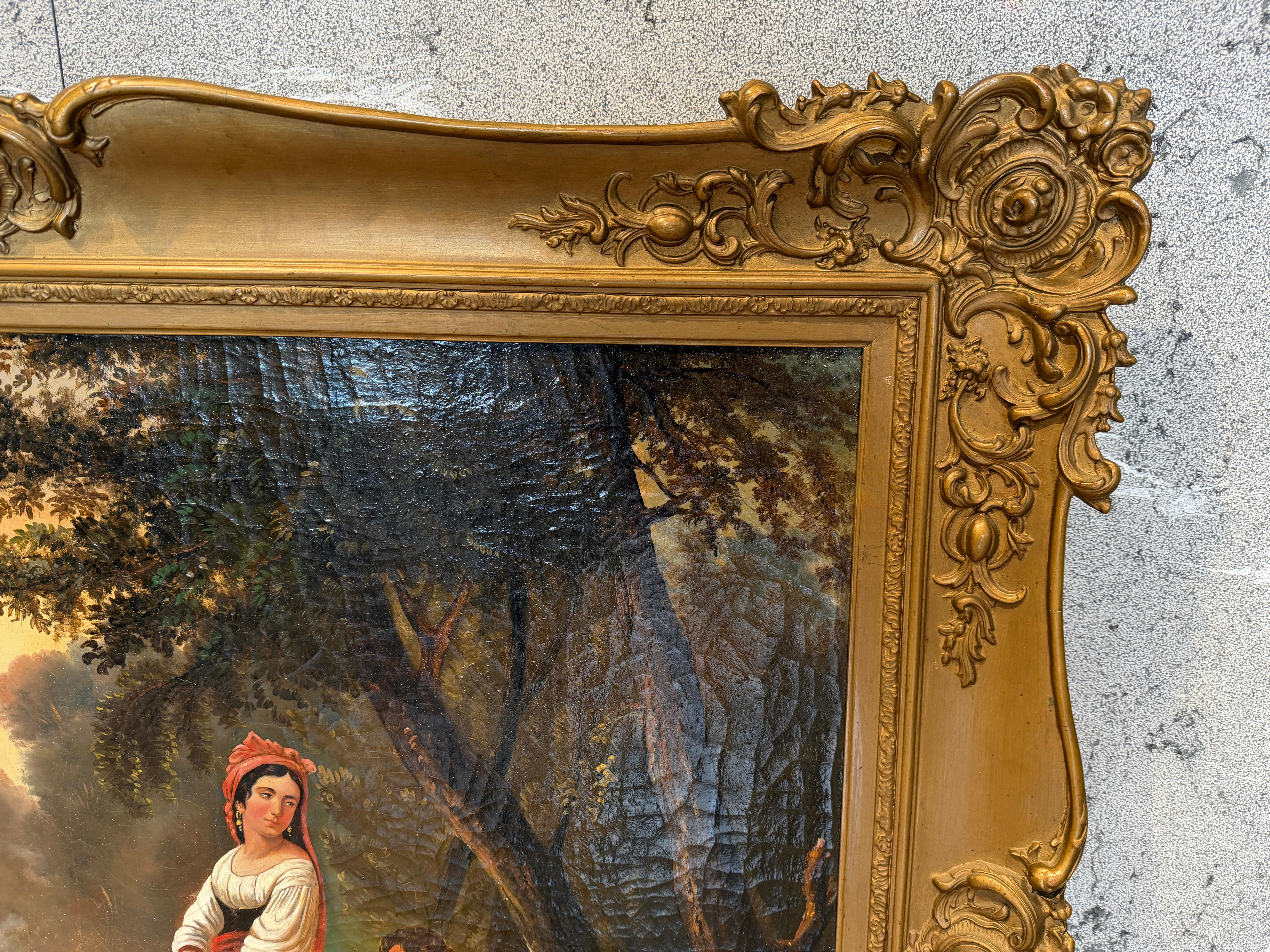 Barocco Incantevole scena fluviale di H. Werner - Famiglia di pescatori in barca a remi del XIX secolo in vendita