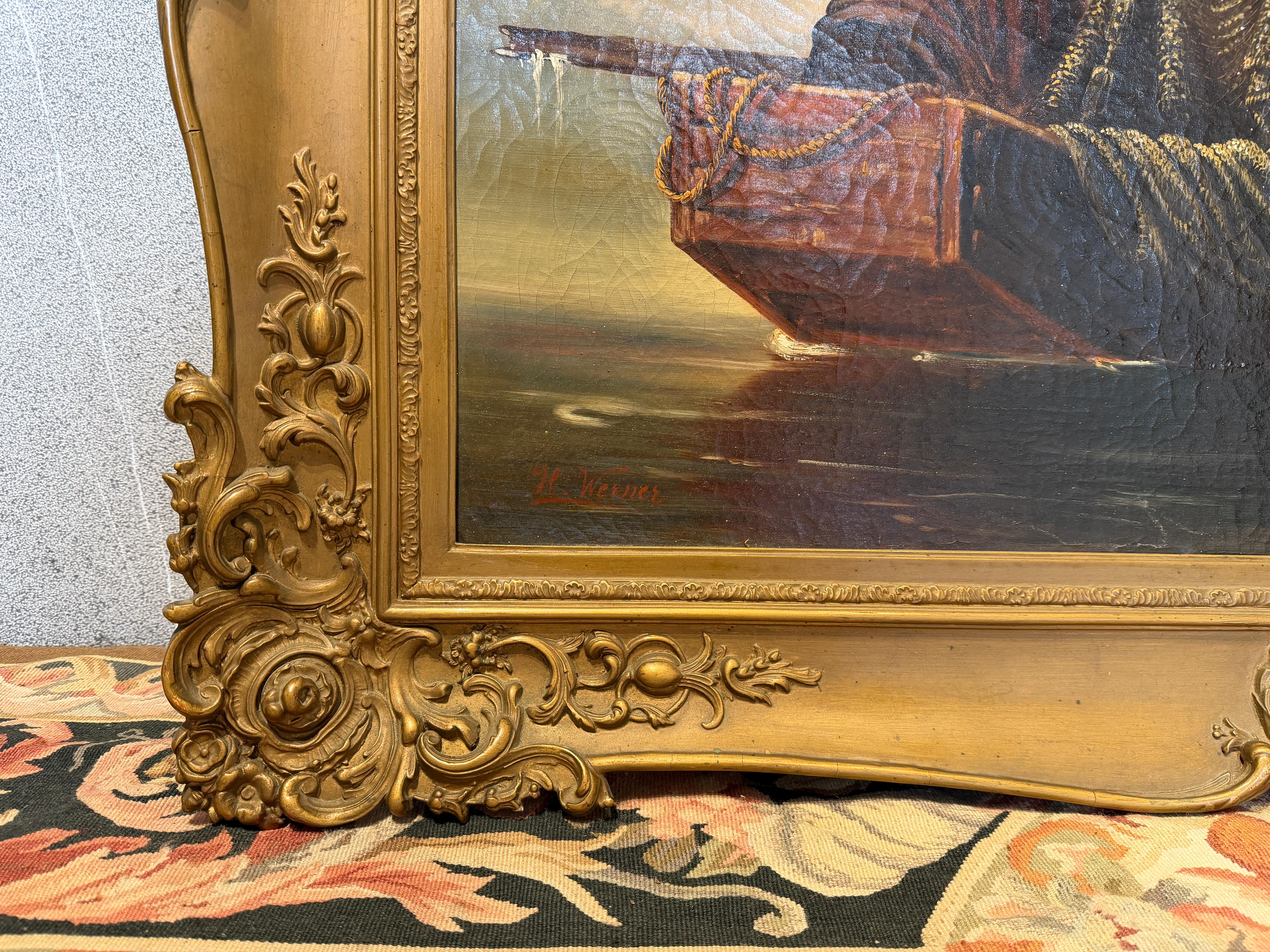 Incantevole scena fluviale di H. Werner - Famiglia di pescatori in barca a remi del XIX secolo In condizioni buone in vendita a Berlin, DE