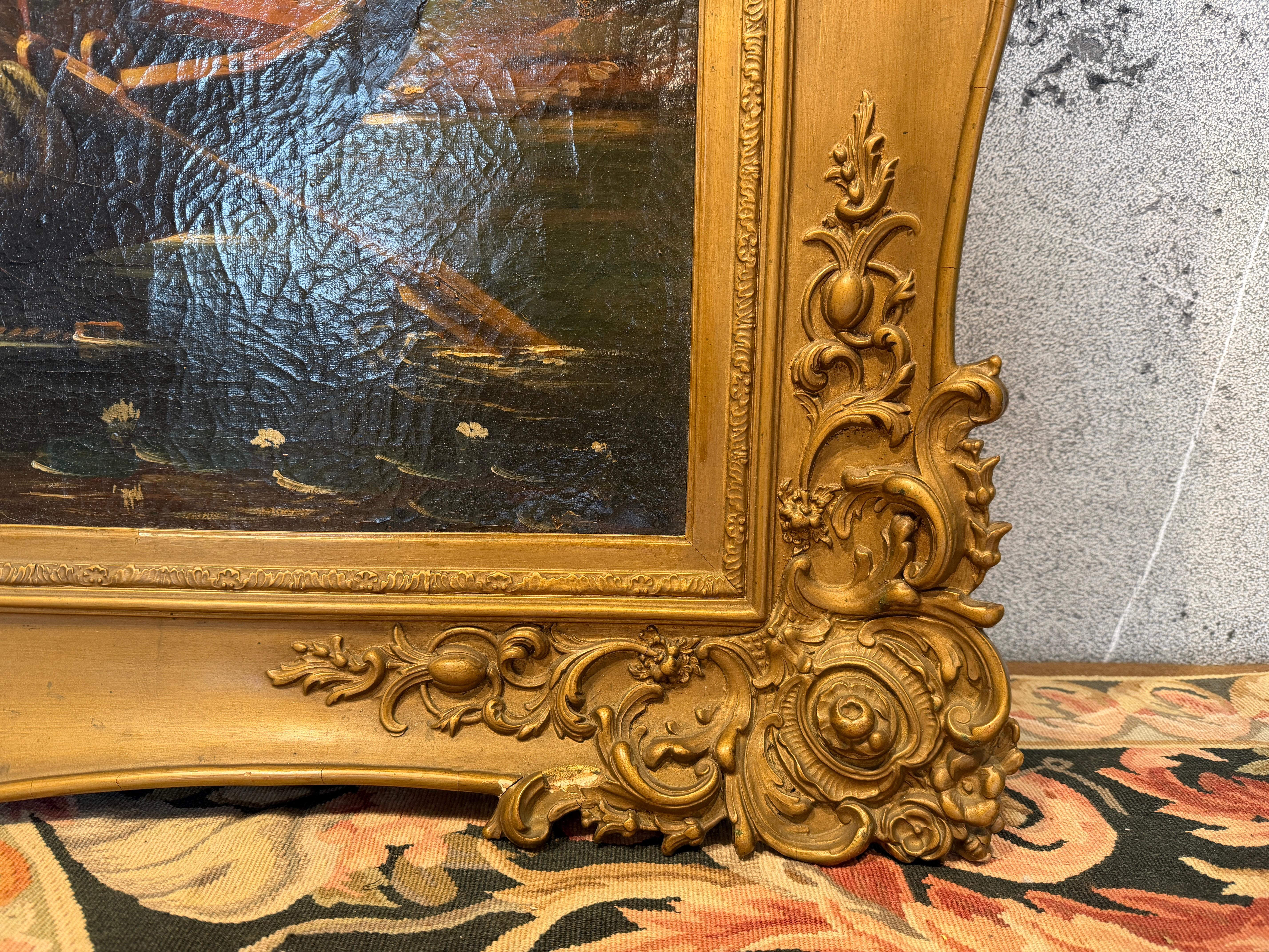 Legno Incantevole scena fluviale di H. Werner - Famiglia di pescatori in barca a remi del XIX secolo in vendita