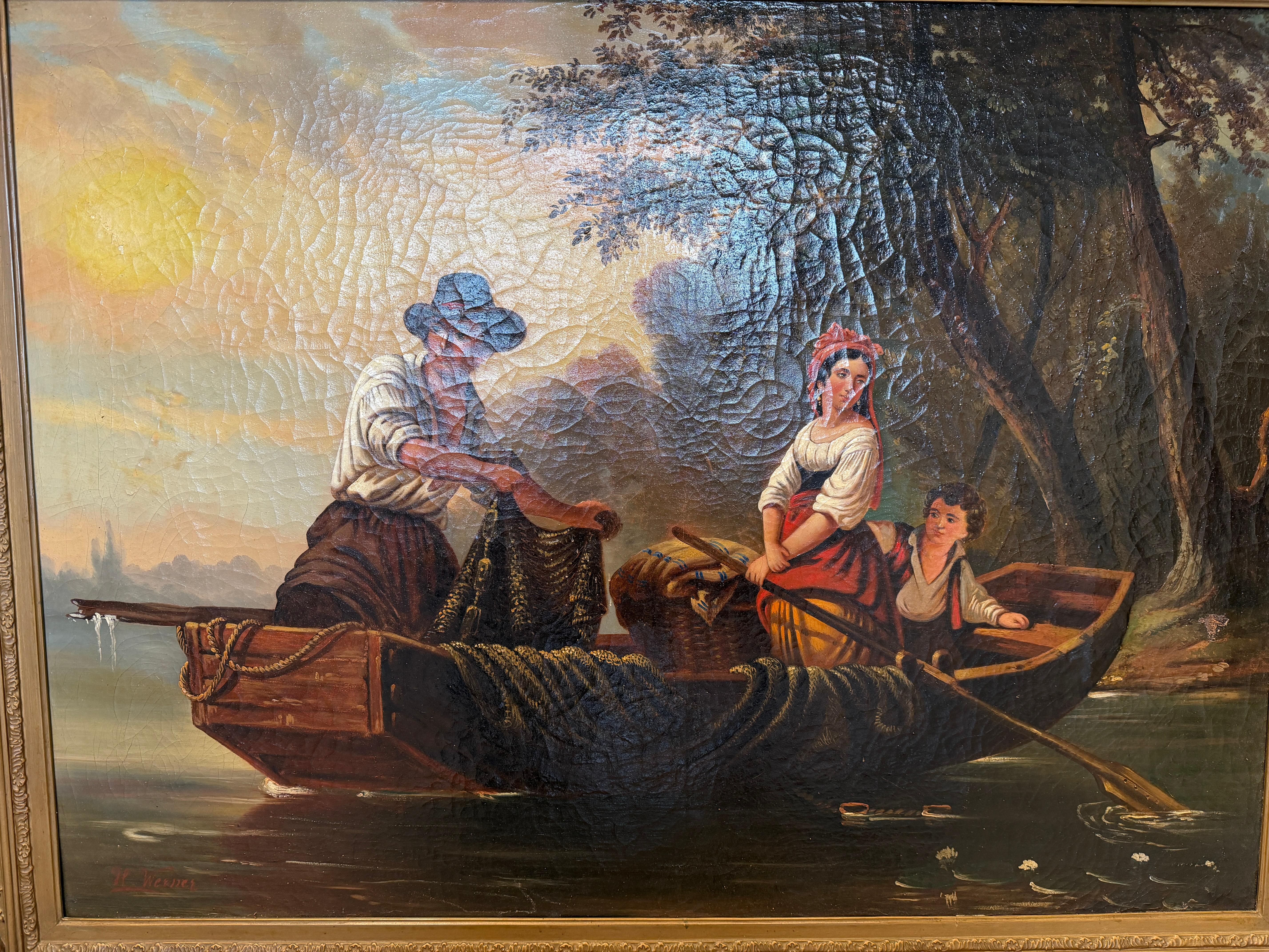 Incantevole scena fluviale di H. Werner - Famiglia di pescatori in barca a remi del XIX secolo in vendita 1