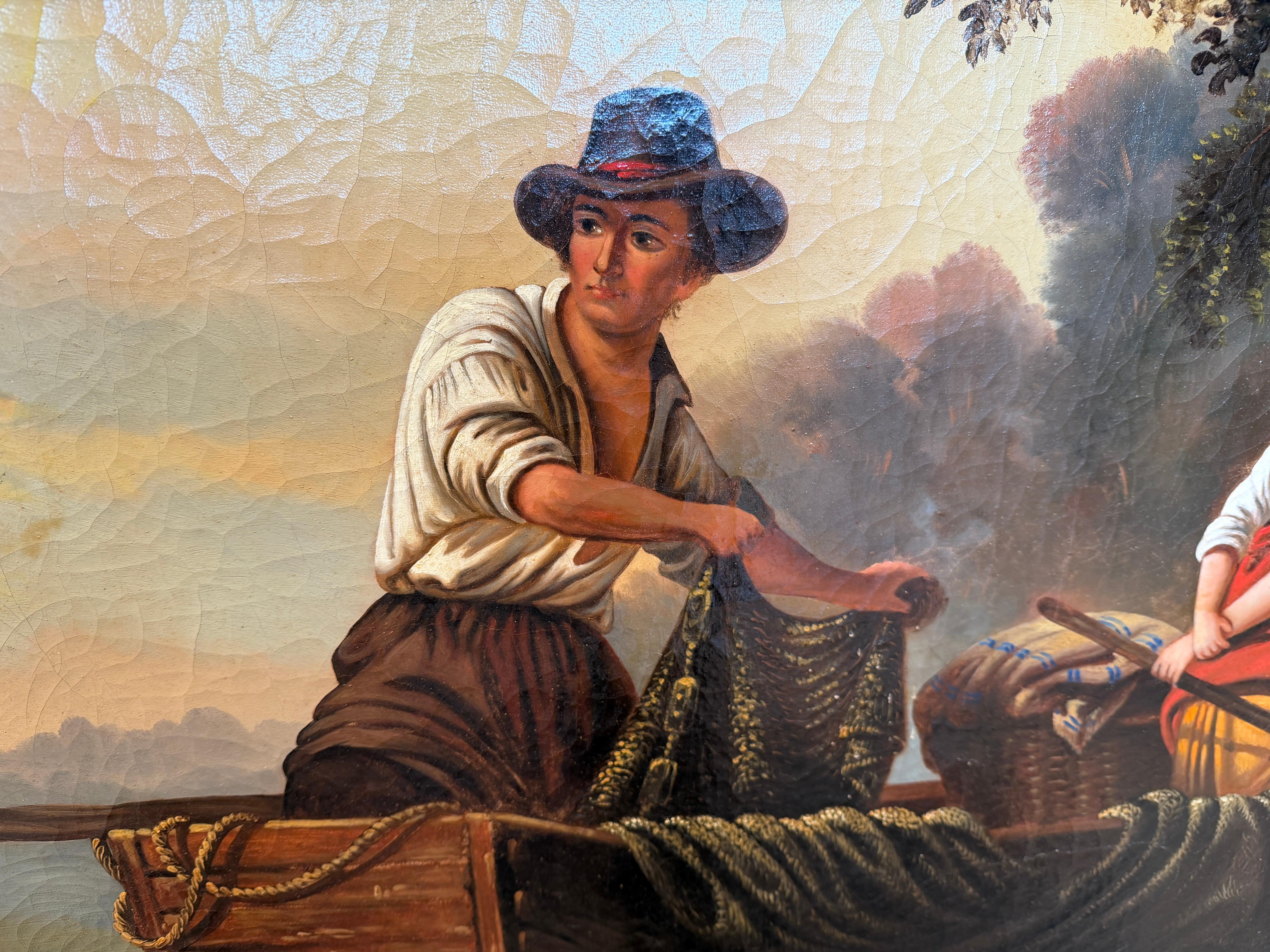 Incantevole scena fluviale di H. Werner - Famiglia di pescatori in barca a remi del XIX secolo in vendita 2