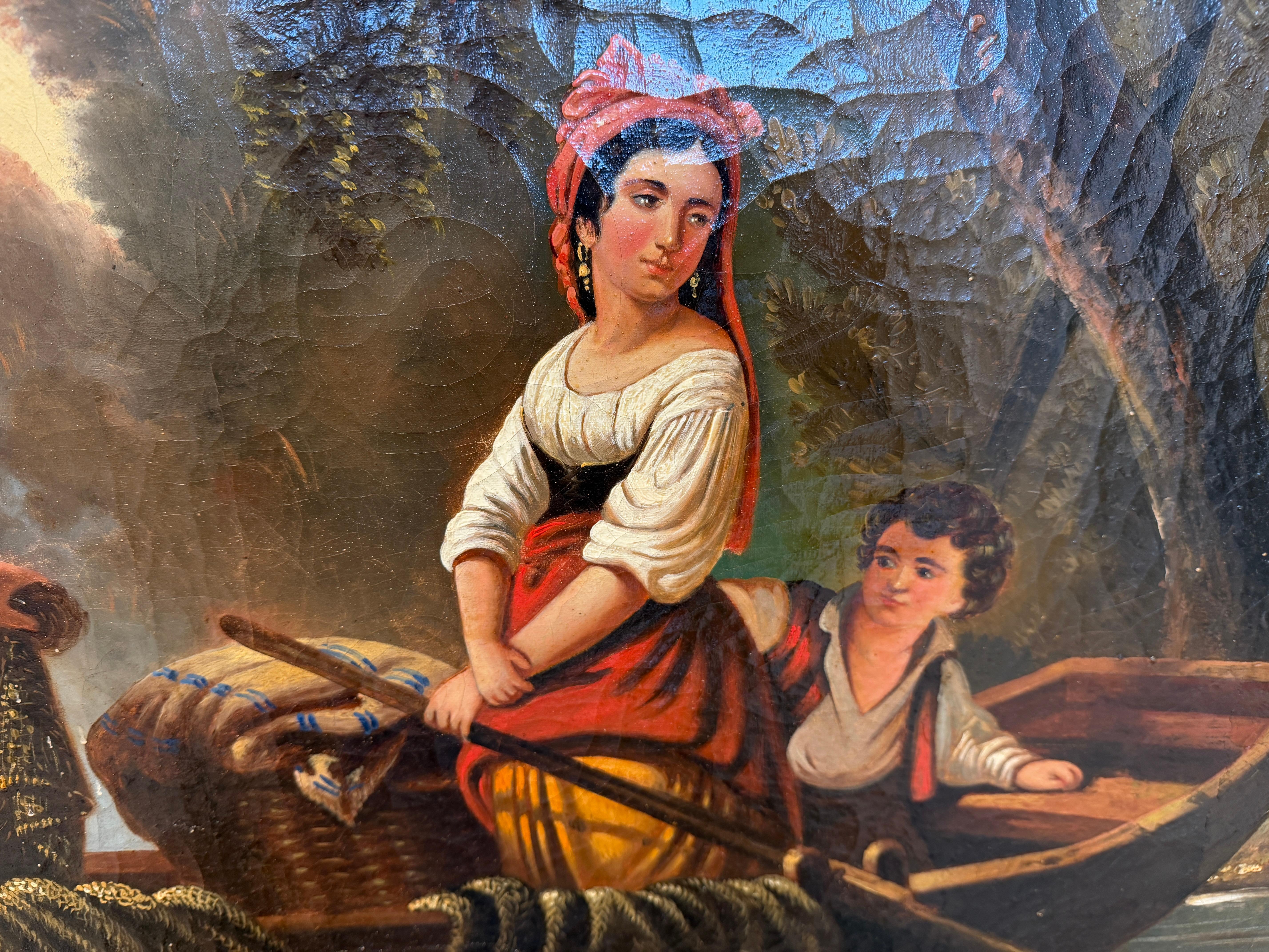 Incantevole scena fluviale di H. Werner - Famiglia di pescatori in barca a remi del XIX secolo in vendita 3