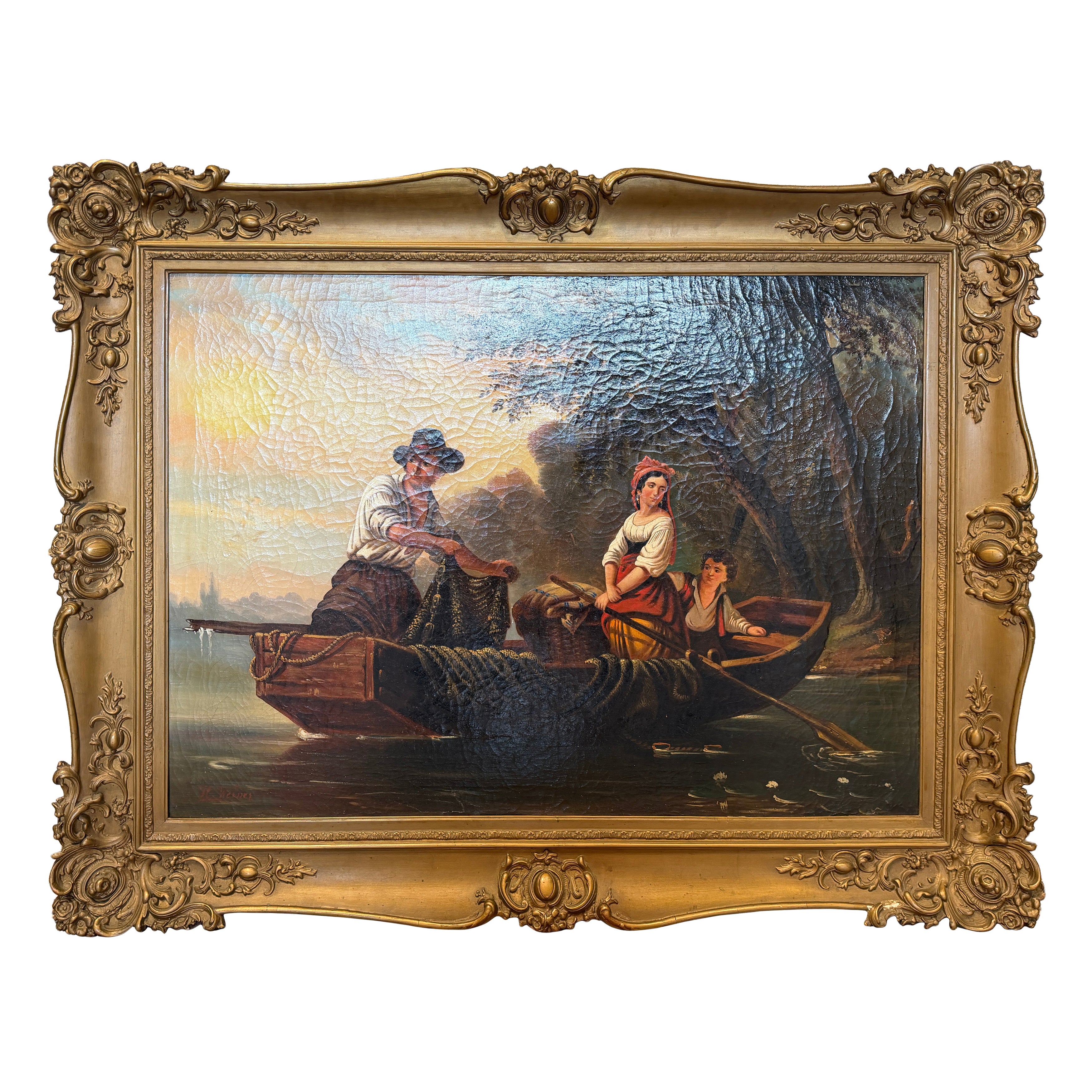 Incantevole scena fluviale di H. Werner - Famiglia di pescatori in barca a remi del XIX secolo in vendita