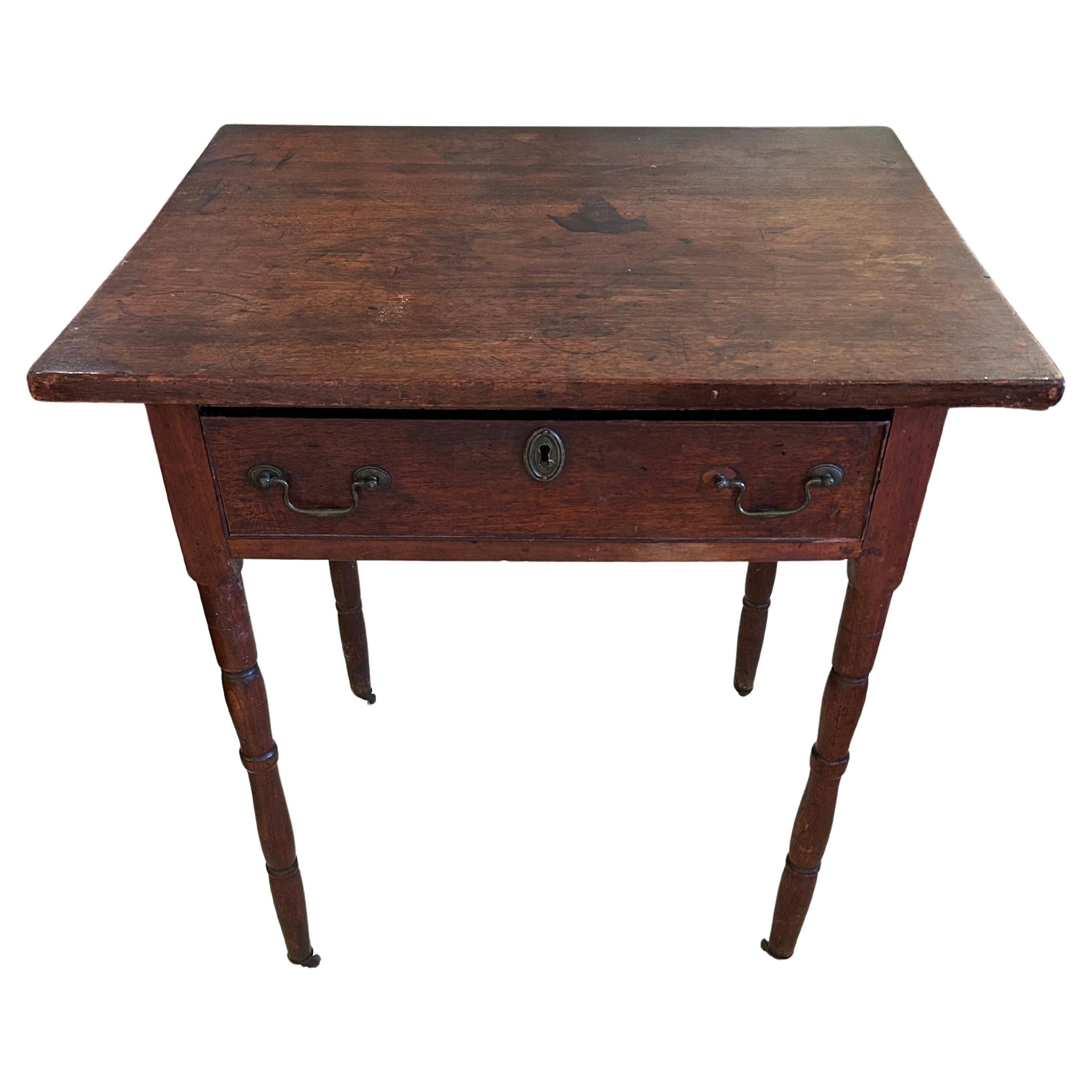 Charming Rustic Antique Distressed Walnut Side Table with Single Drawer For Sale