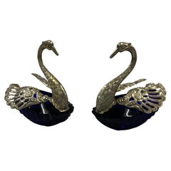 Charming salt & pepper set with spoons, royal blue glass, 800 silver 1970s Italy