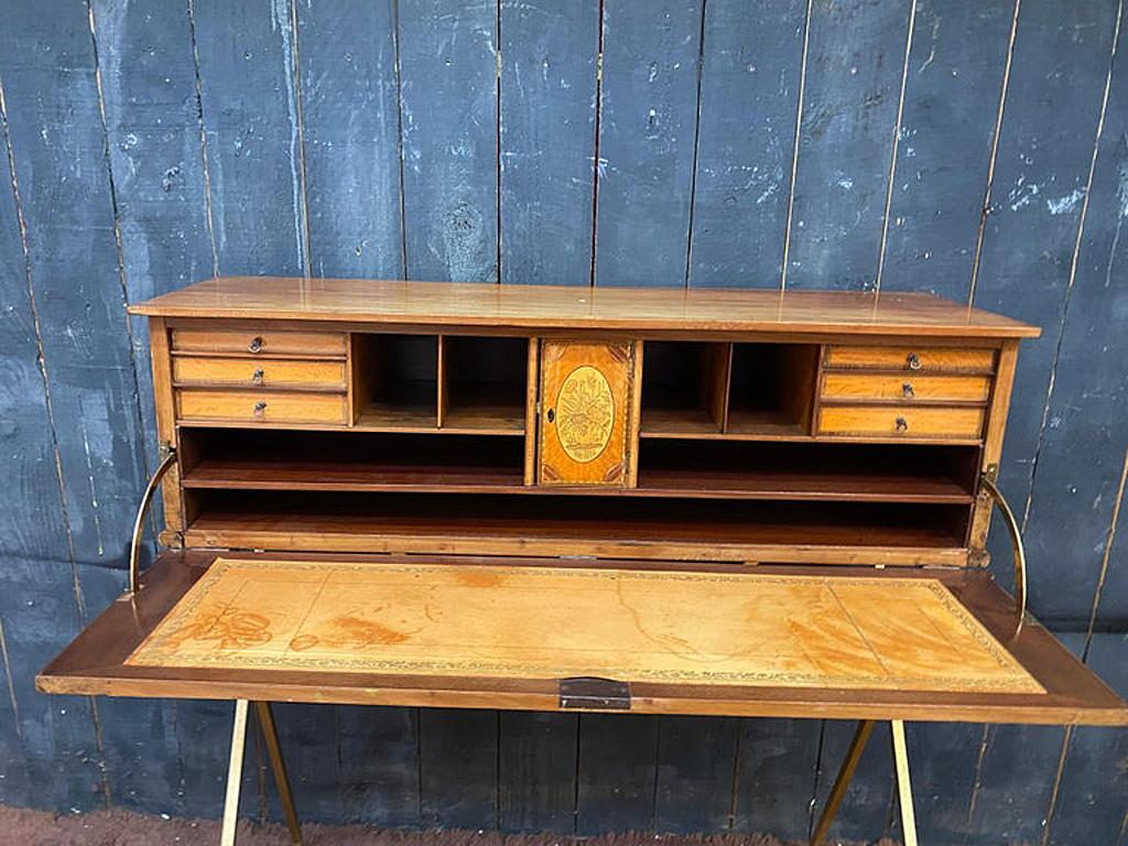 charming secretary circa 1960 in solid walnut, gilded metal base.  In Good Condition For Sale In Mouscron, WHT