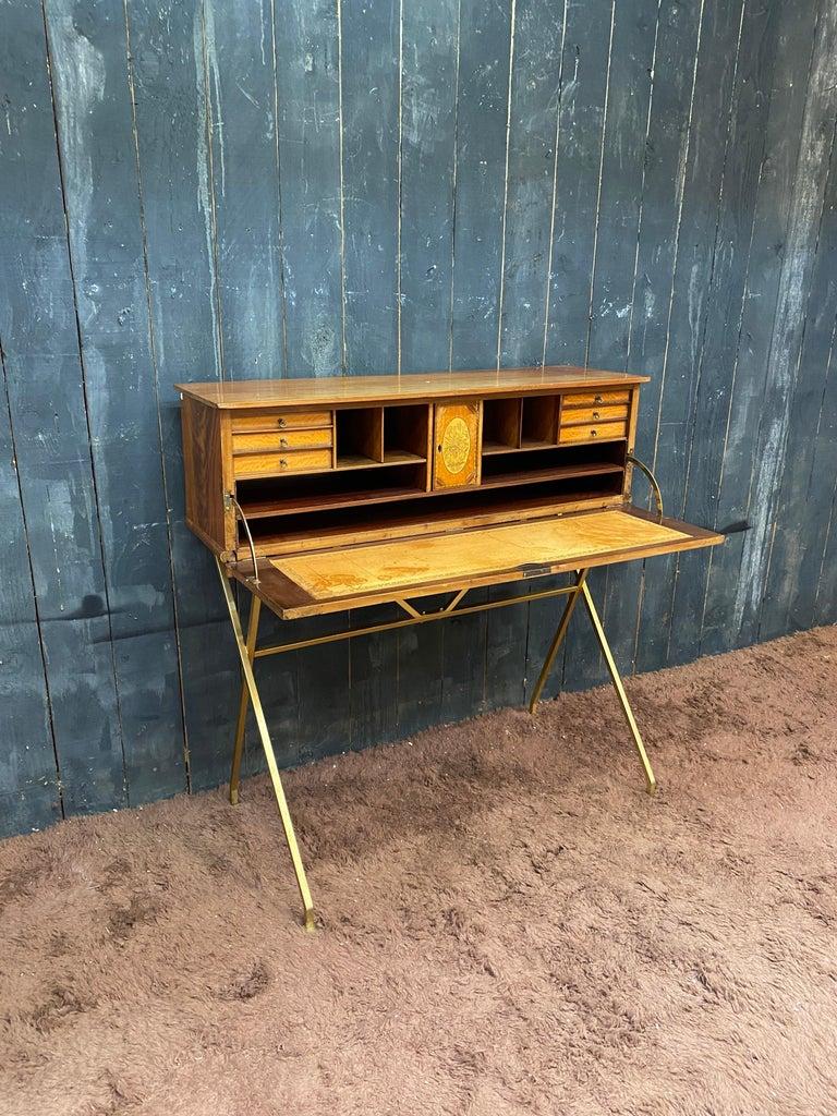 Metal charming secretary circa 1960 in solid walnut, gilded metal base.  For Sale
