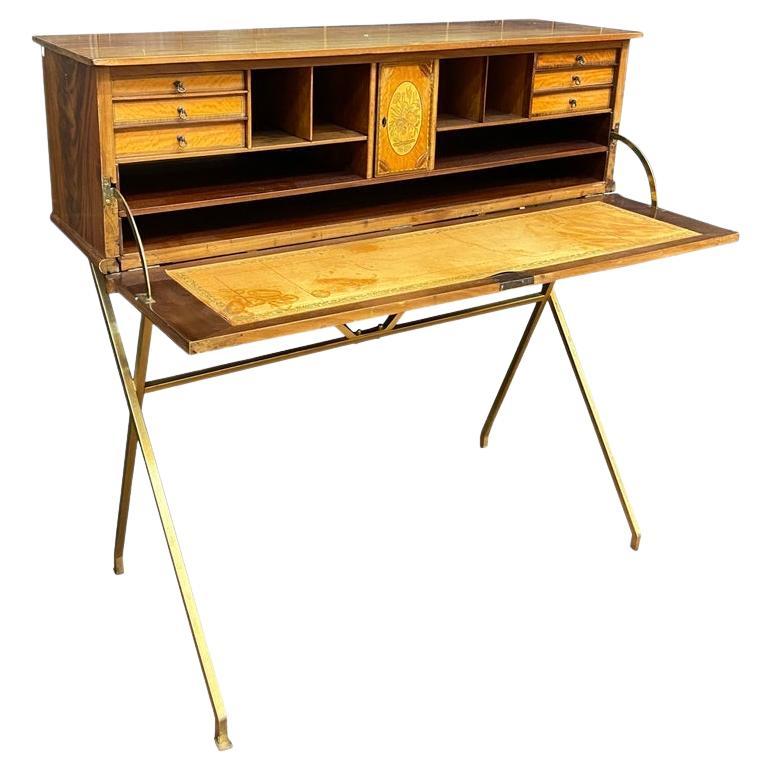 charming secretary circa 1960 in solid walnut, gilded metal base.  For Sale