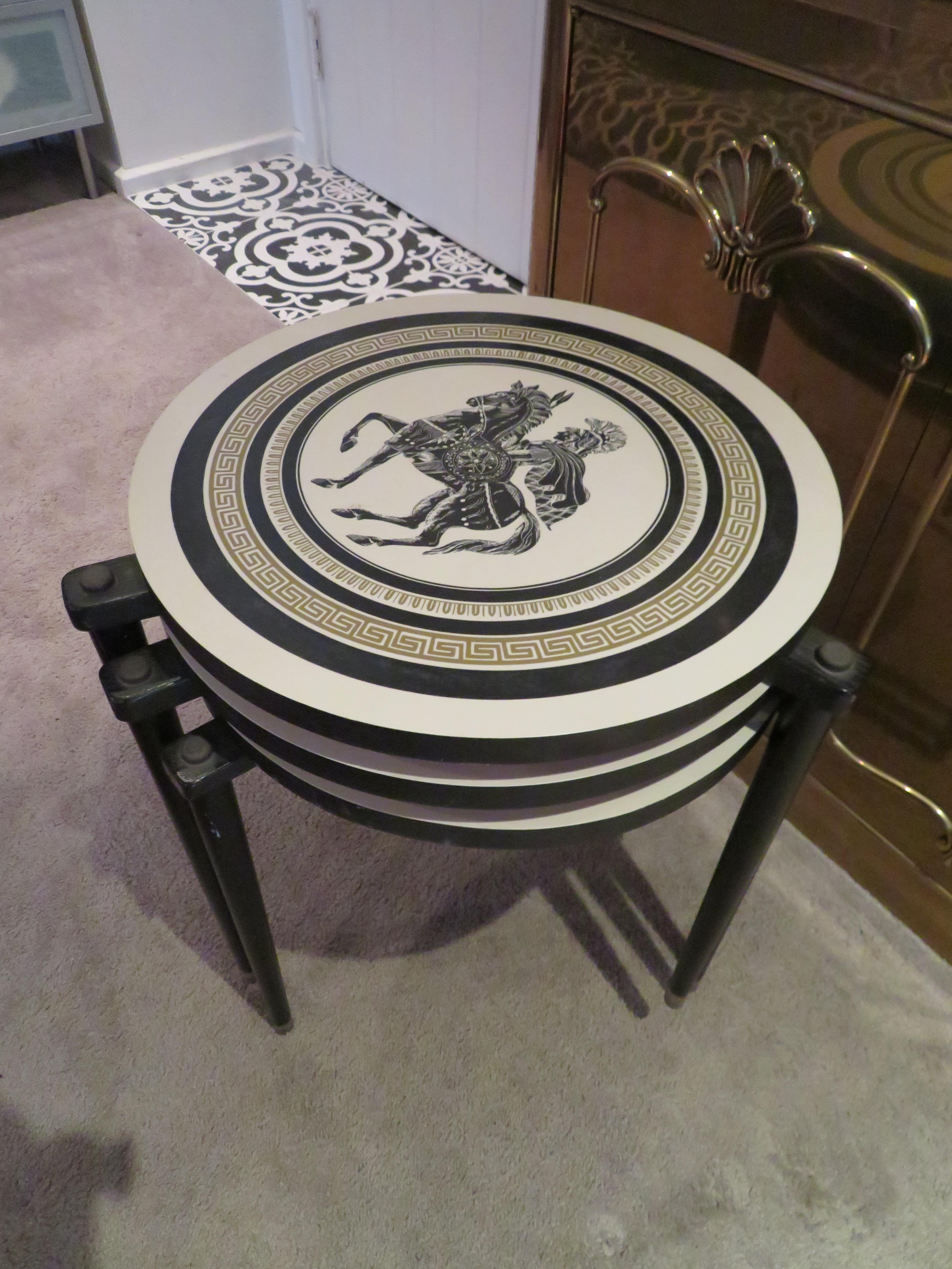 Charming Set of 3 Piero Fornasetti Style Stack Nesting Table Mid-Century Modern For Sale 4
