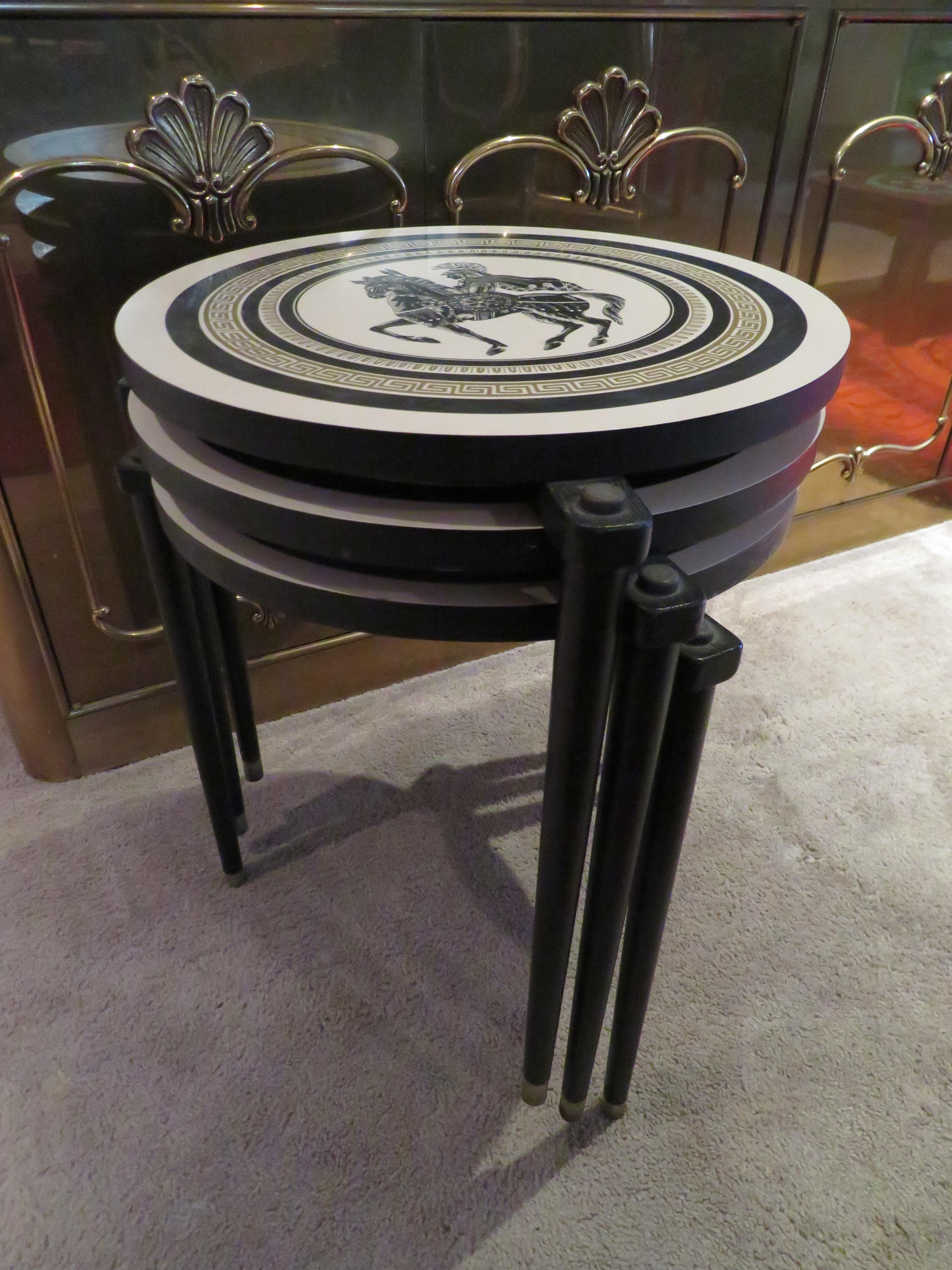 Charming Set of 3 Piero Fornasetti Style Stack Nesting Table Mid-Century Modern For Sale 1