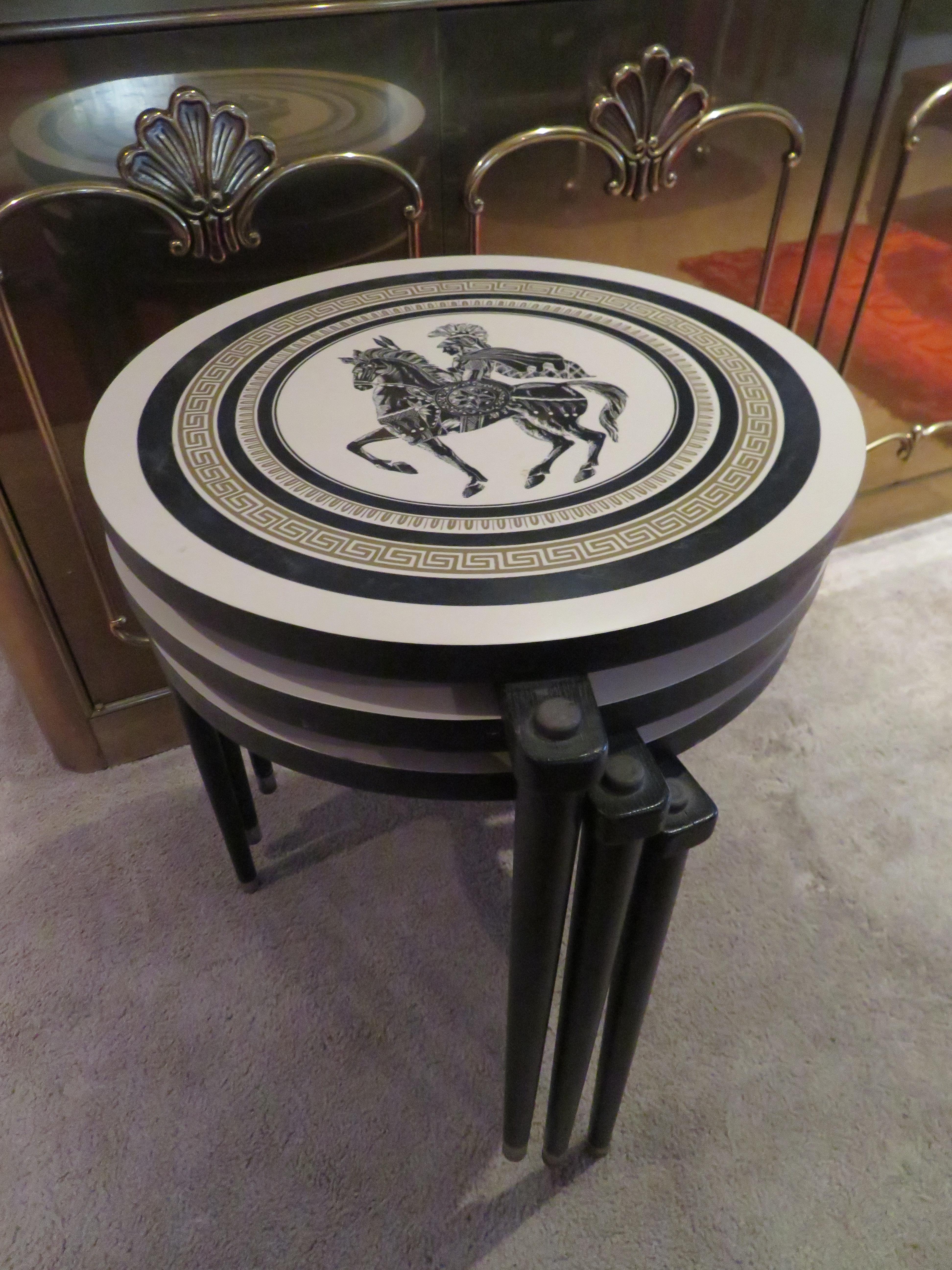 Charming Set of 3 Piero Fornasetti Style Stack Nesting Table Mid-Century Modern For Sale 2