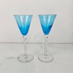 Charming Set of 2 Colored Liqueur Glasses With Twisted Stem, Ca 1930