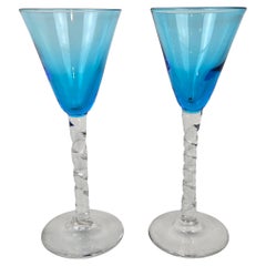 Charming Set of 2 Colored Liqueur Glasses With Twisted Stem, Ca 1930