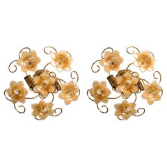 Charming set of 2 Murano Vintage Ceiling Light Orange Iridescent Flowers, 1970s