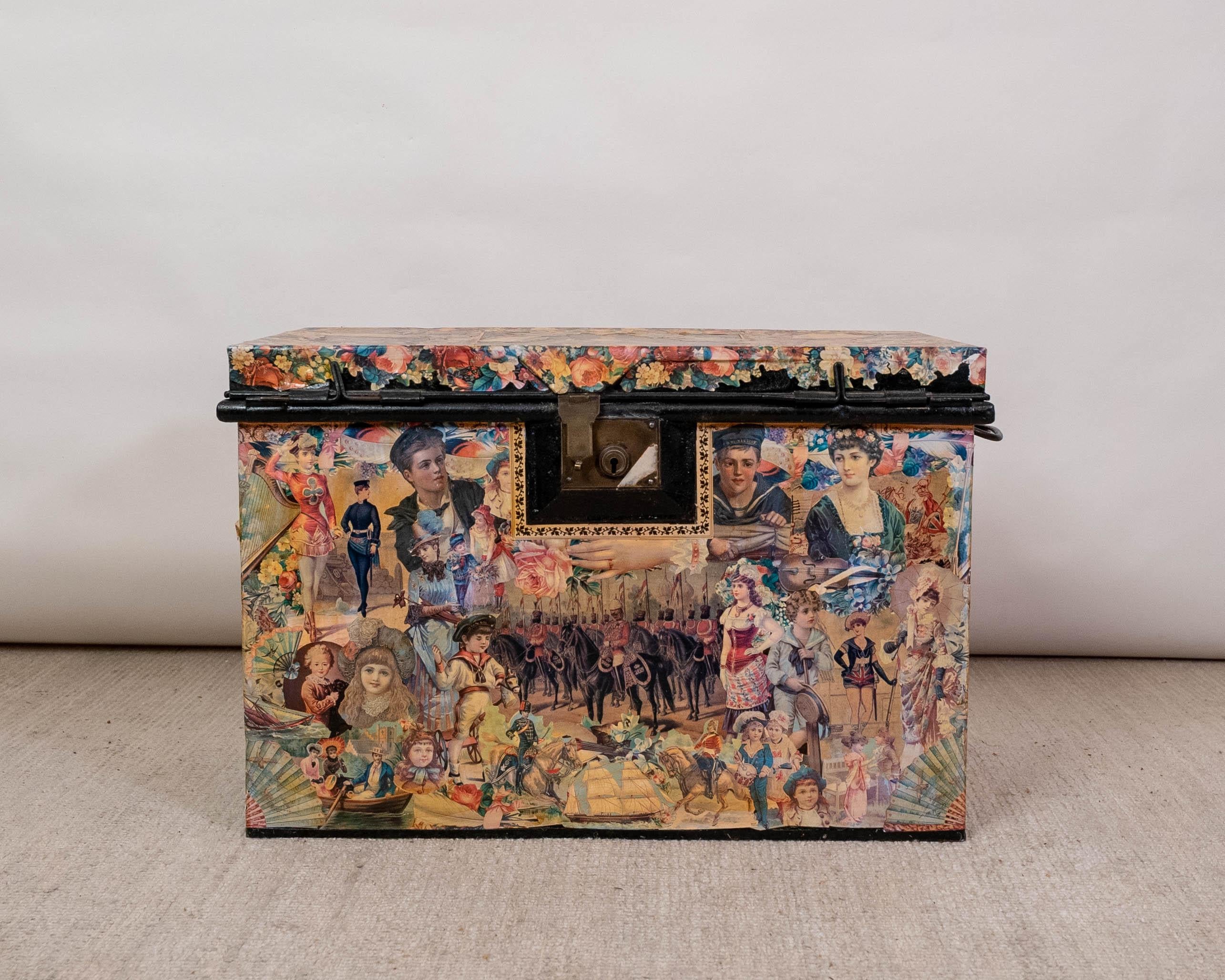Charming Set of 3 Victorian Artful Hand Decoupaged Storage Trunks For Sale 6