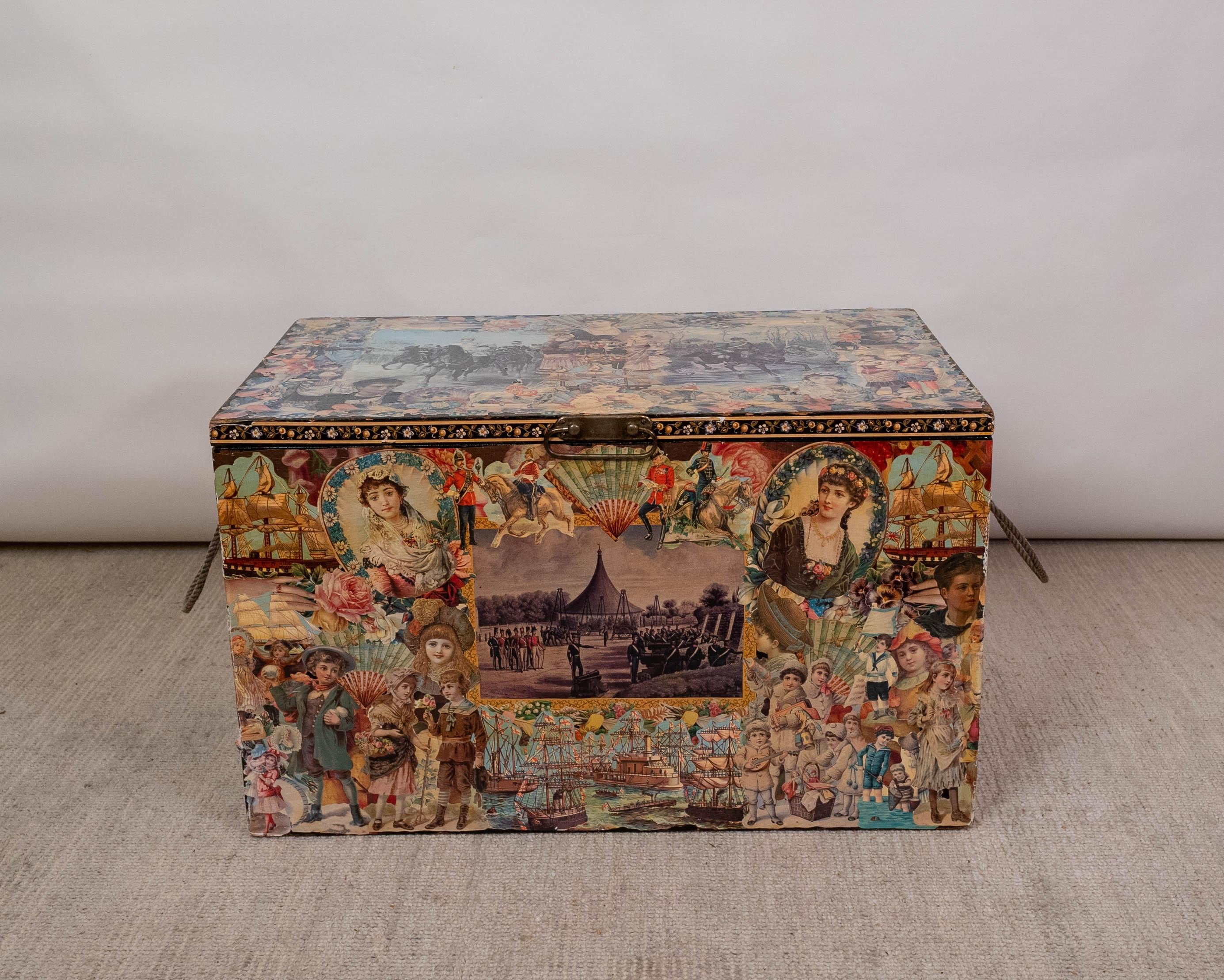 Charming Set of 3 Victorian Artful Hand Decoupaged Storage Trunks For Sale 8