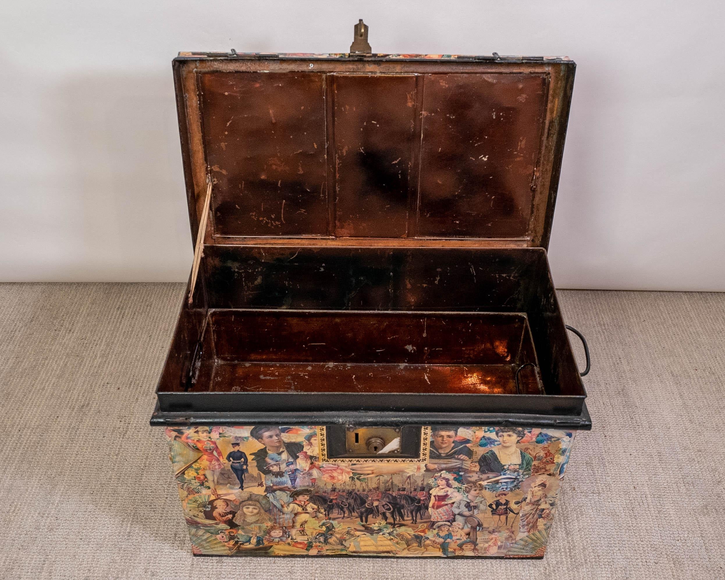 Set of 3 charming hand decoupaged storage chests or trunks with hinged lids, circa 1910. Imagery is an artfully arranged mix of Victoriana including fashionable ladies, flowers, musical instruments, decorative borders and a hunting formation on