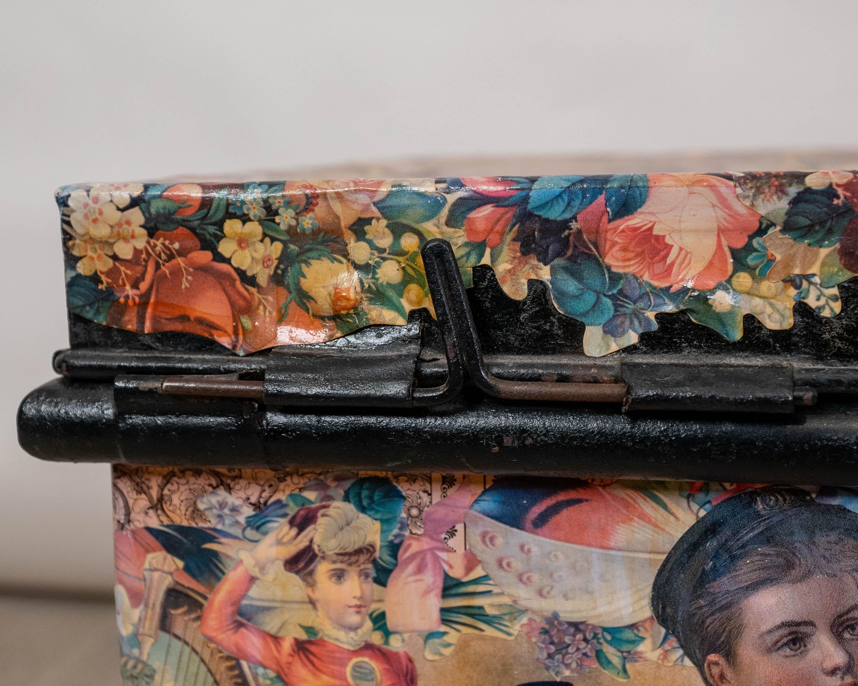 Charming Set of 3 Victorian Artful Hand Decoupaged Storage Trunks In Good Condition For Sale In Hopewell, NJ