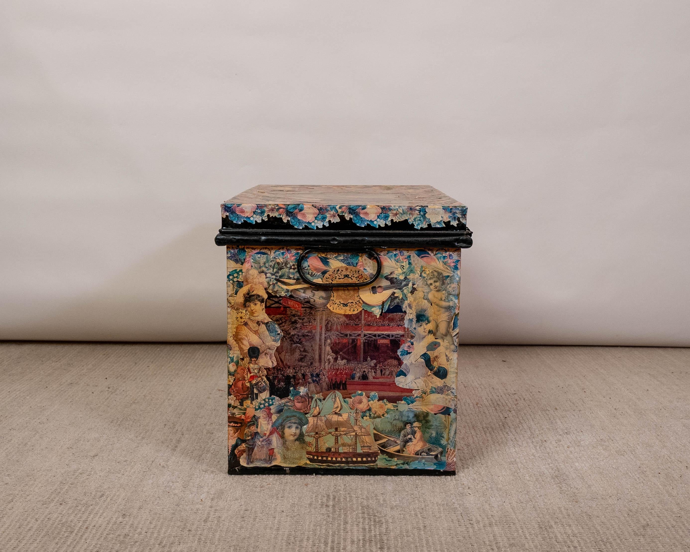 20th Century Charming Set of 3 Victorian Artful Hand Decoupaged Storage Trunks For Sale
