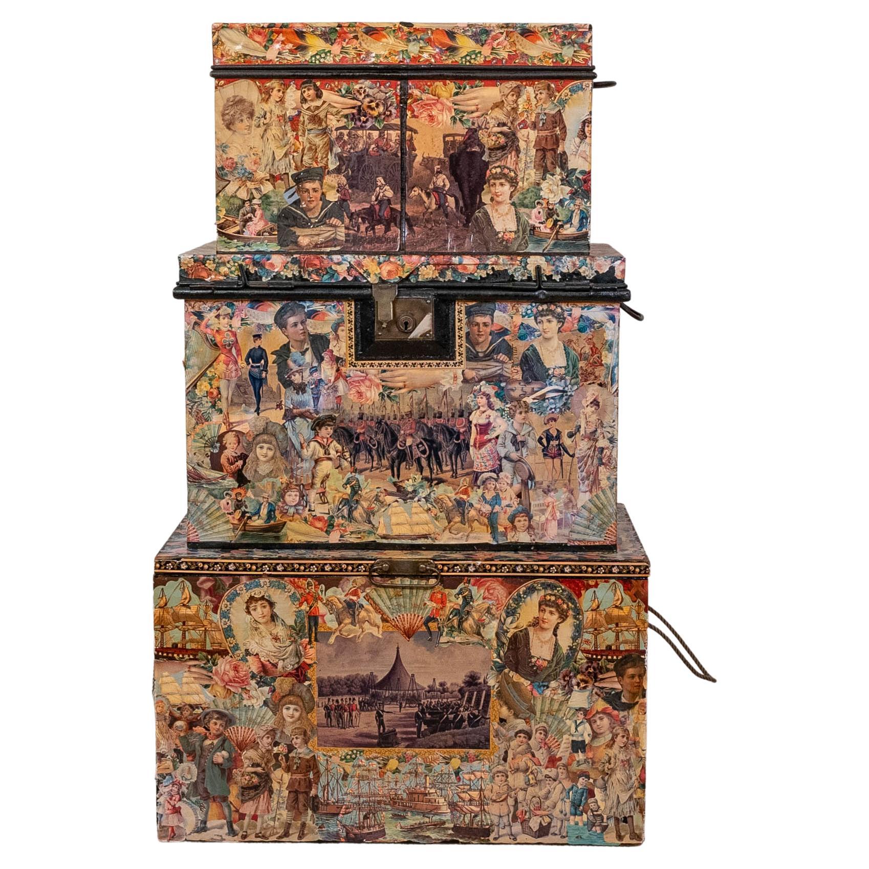 Charming Set of 3 Victorian Artful Hand Decoupaged Storage Trunks For Sale