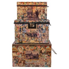 Used Charming Set of 3 Victorian Artful Hand Decoupaged Storage Trunks