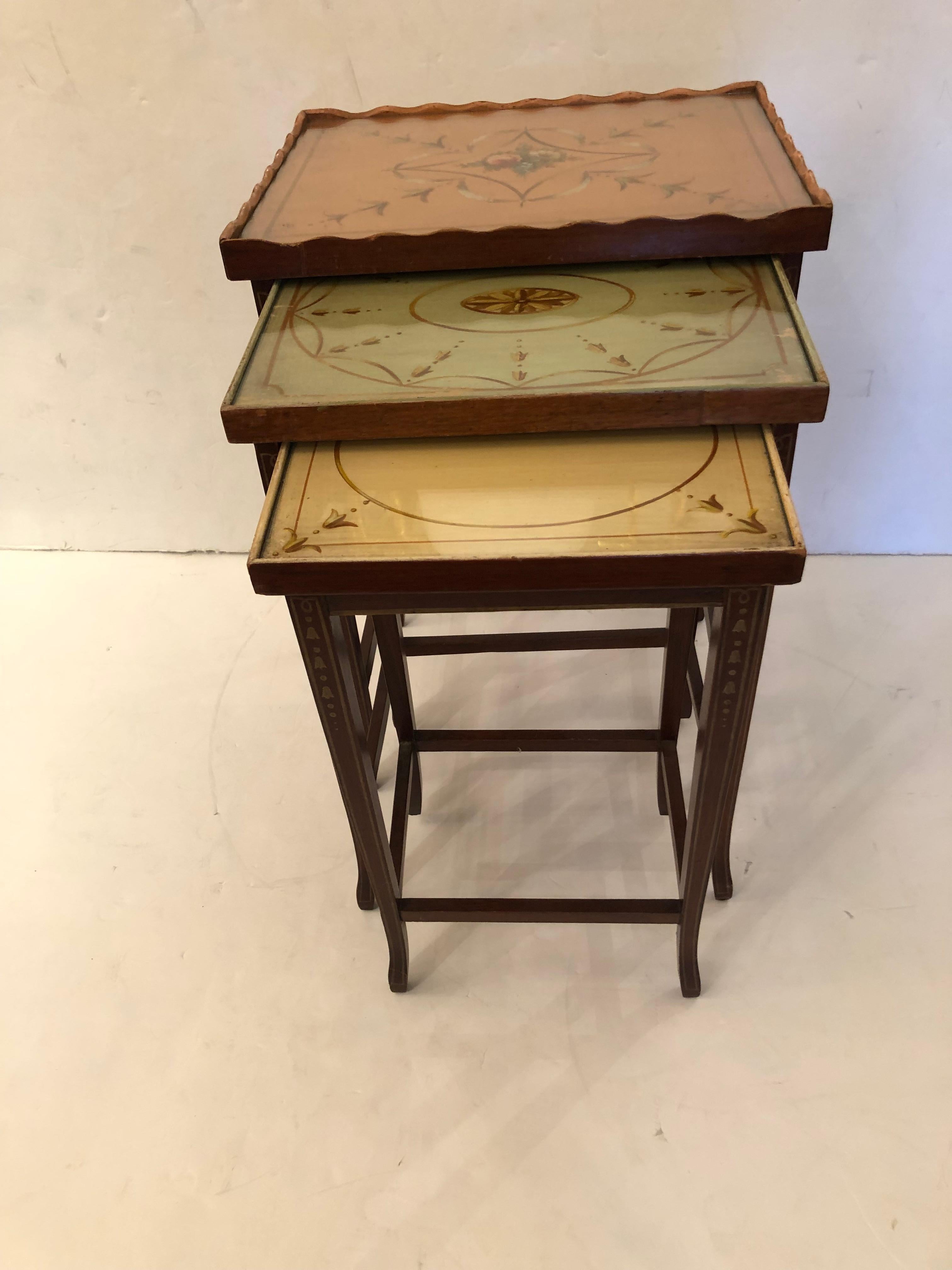 Charming Set of 3 Vintage hand painted Nesting Tables in Pastel Colors For Sale 3