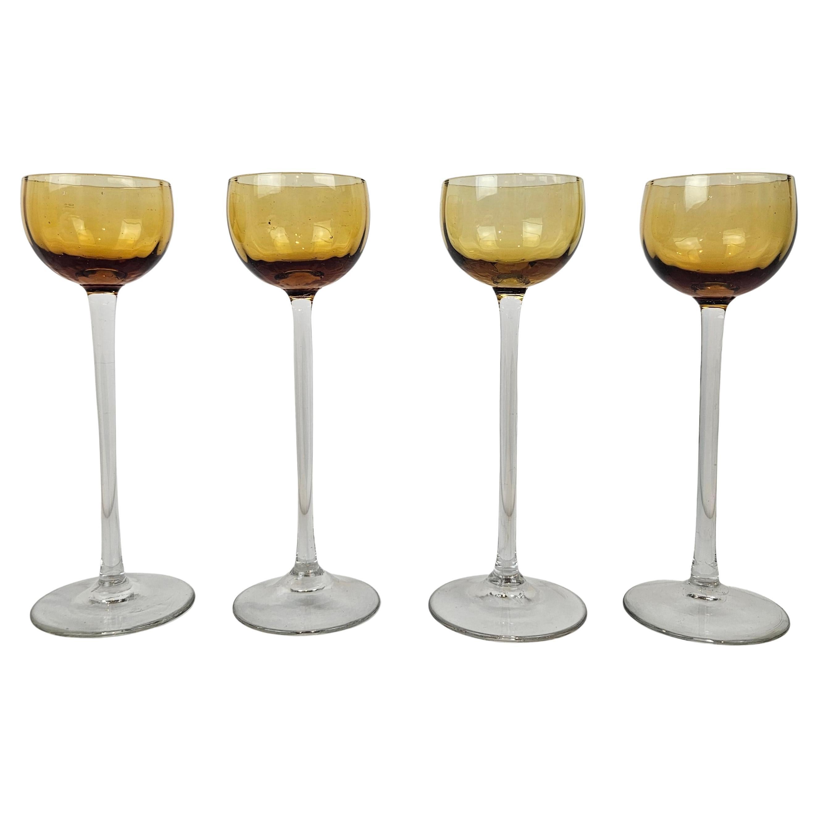 Charming Set of 4 Amber Colored Ribbed Liqueur Glasses With Long Stem, Ca. 1920