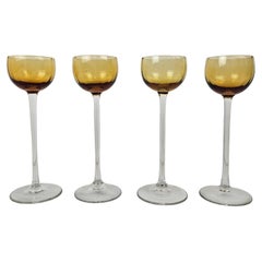 Charming Set of 4 Amber Colored Ribbed Liqueur Glasses With Long Stem, Ca. 1920