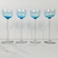 Charming Set of 4 Blue Colored Ribbed Liqueur Glasses With Long Stem, Ca. 1920
