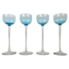 Used Charming Set of 4 Blue Colored Ribbed Liqueur Glasses With Long Stem, Ca. 1920