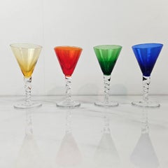 Charming Set of 4 Colored Liqueur Glasses With Twisted Stem, Ca 1930