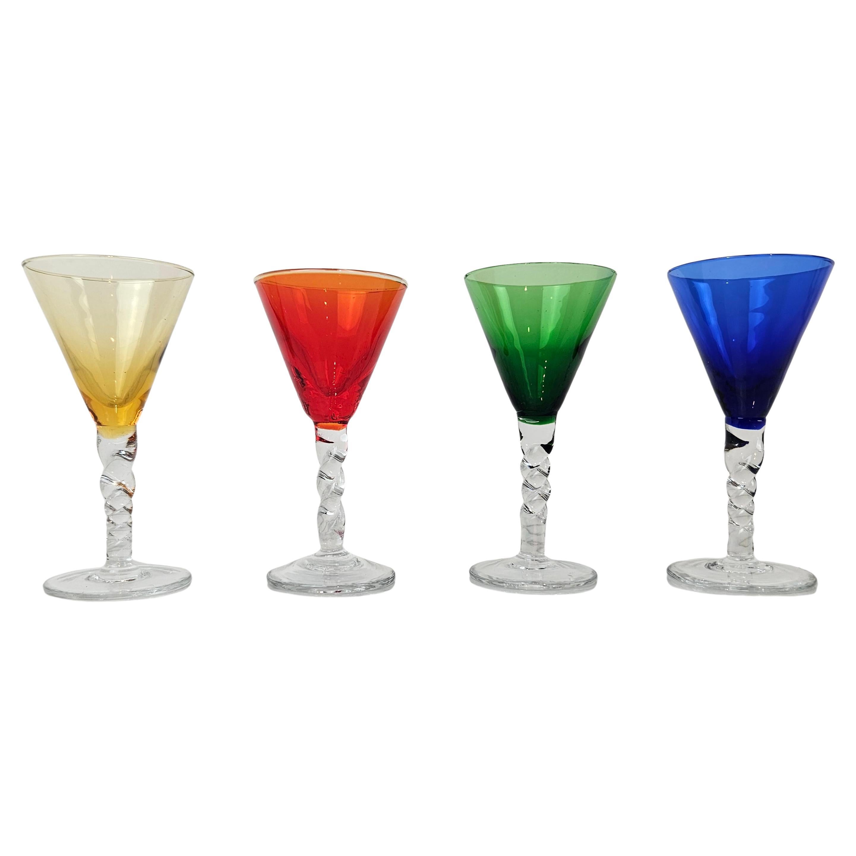 Charming Set of 4 Colored and Liqueur Glasses With Twisted Stem, Ca 1930