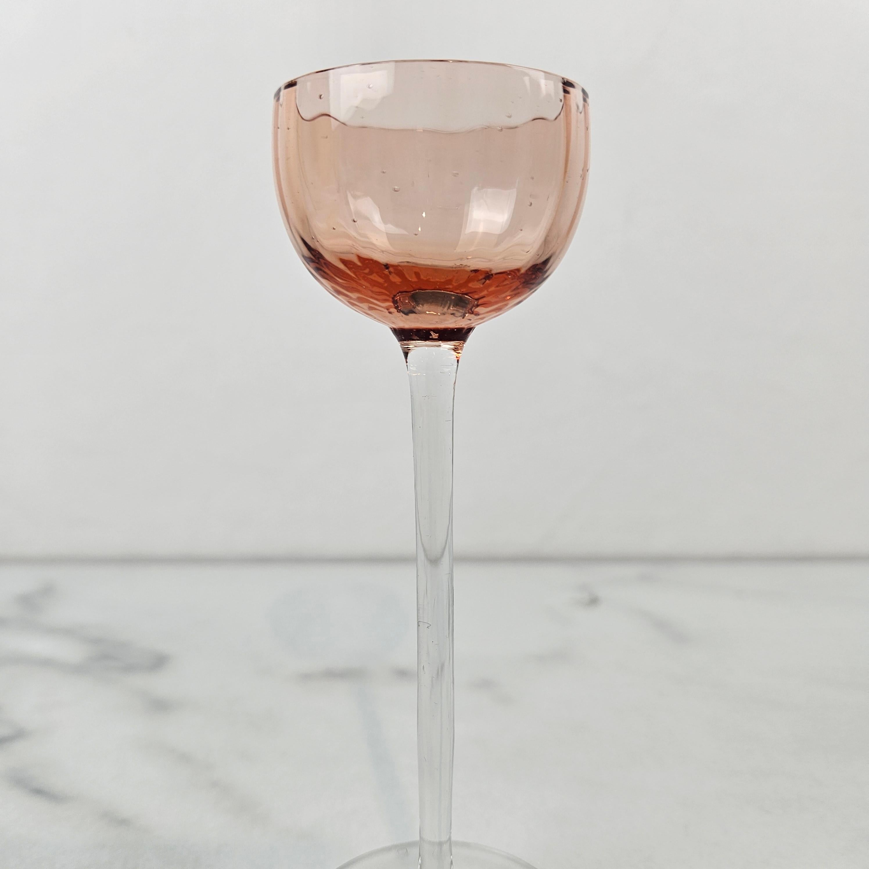 Early 20th Century Charming Set of 4 Colored Ribbed Liqueur Glasses With Long Stem, Ca. 1920 For Sale