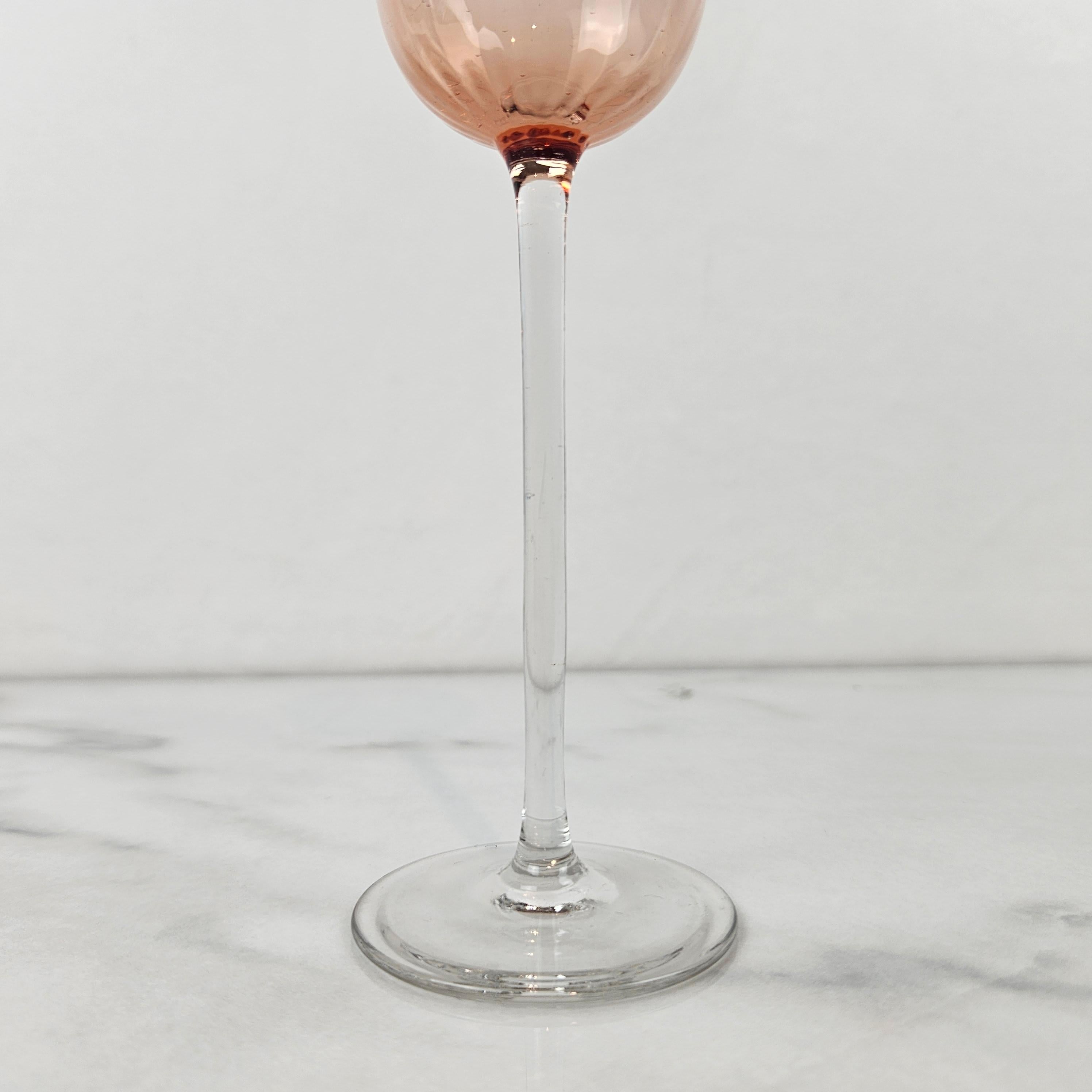 Blown Glass Charming Set of 4 Colored Ribbed Liqueur Glasses With Long Stem, Ca. 1920 For Sale