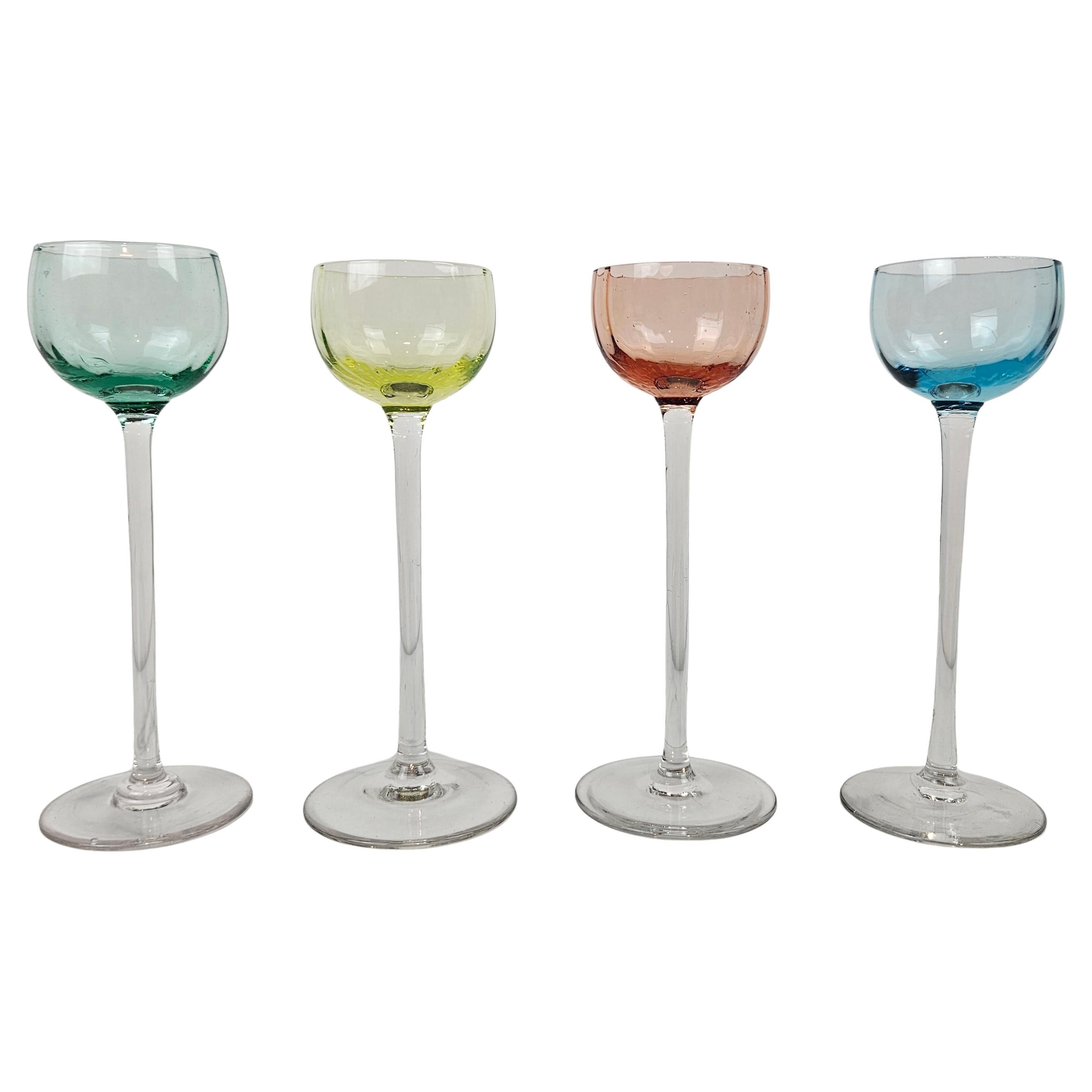 Charming Set of 4 Colored Ribbed Liqueur Glasses With Long Stem, Ca. 1920 For Sale