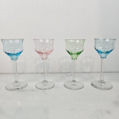 Charming Set of 4 Hand-Blown Colored Ribbed Liqueur Glasses, Ca. 1920