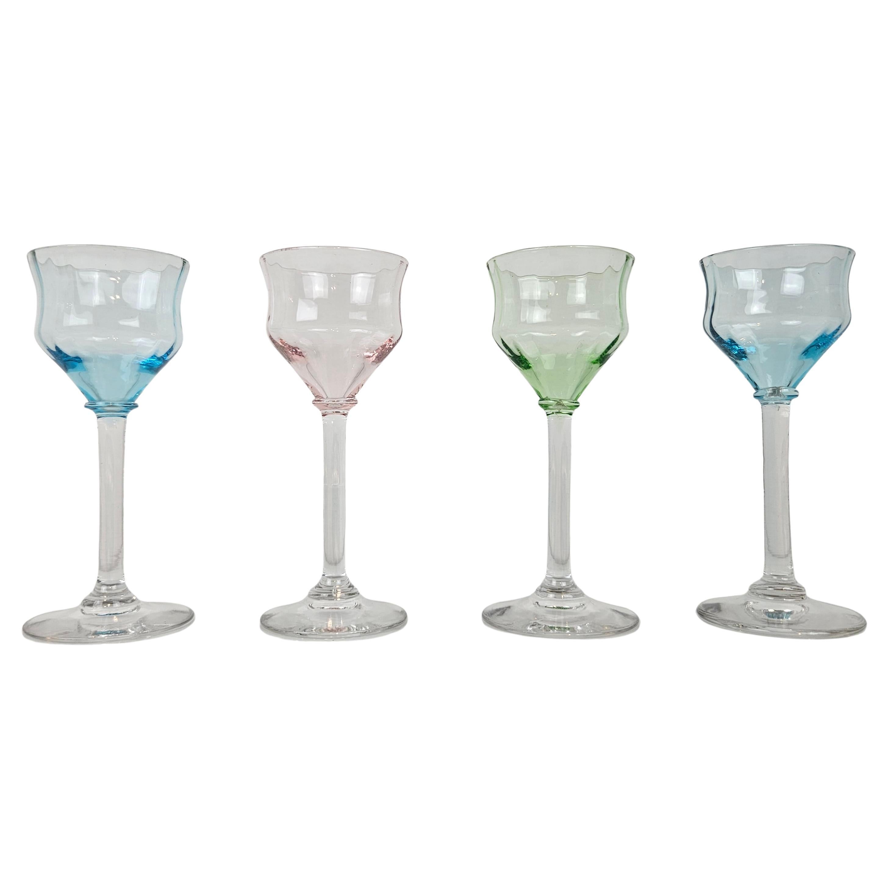 Charming Set of 4 Hand-Blown Colored Ribbed Liqueur Glasses, Ca. 1920