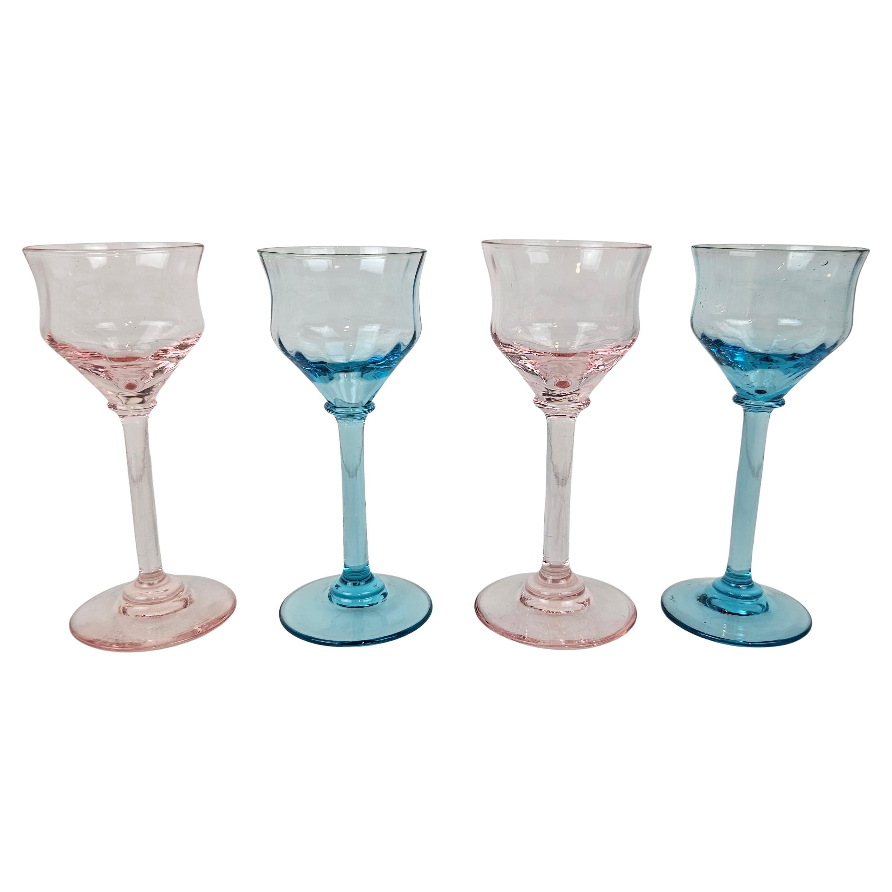 Charming Set of 4 Hand-Blown Full Colored Ribbed Liqueur Glasses, Ca. 1920
