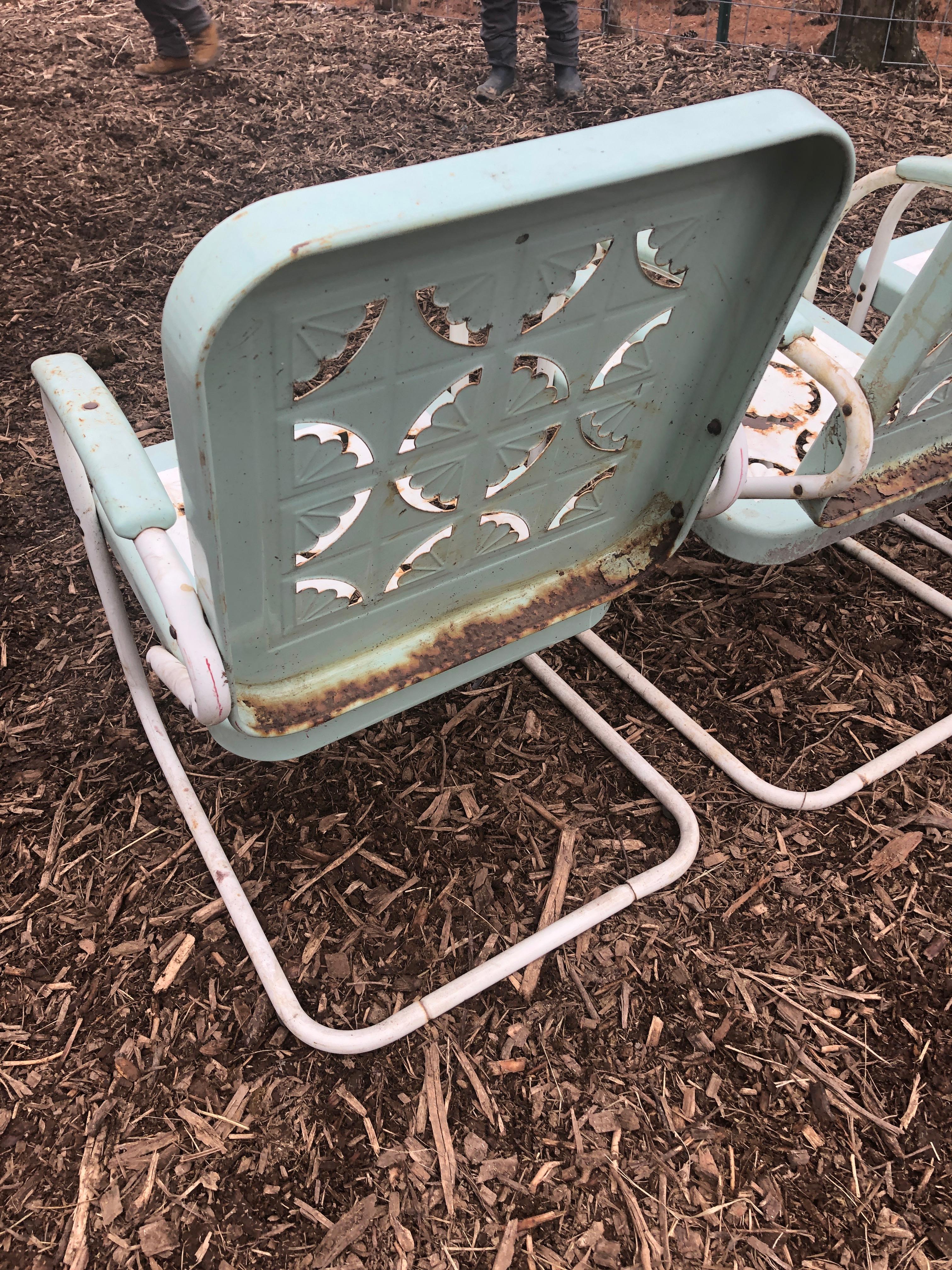 Charming Set of 4 Light Turquoise and White Country Patio Armchairs For Sale 2