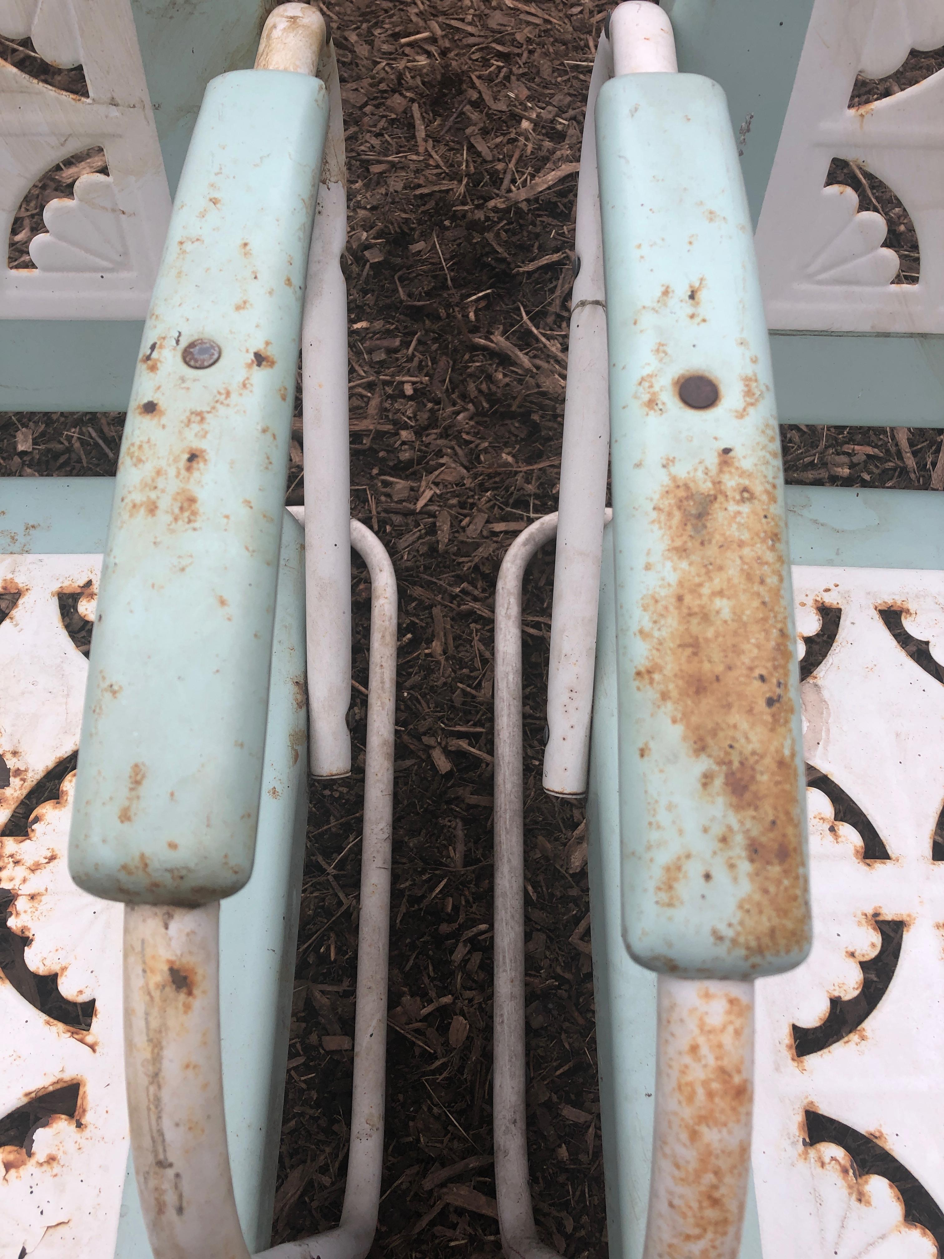 Charming Set of 4 Light Turquoise and White Country Patio Armchairs For Sale 1