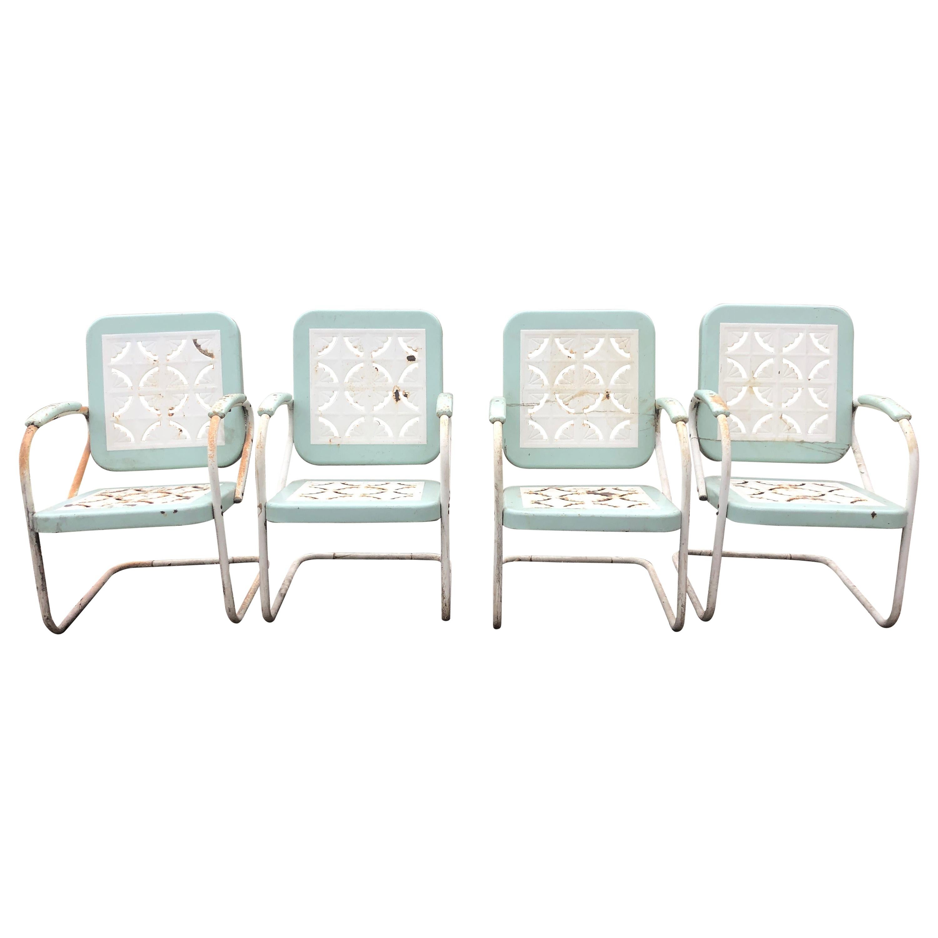 Charming Set of 4 Light Turquoise and White Country Patio Armchairs For Sale