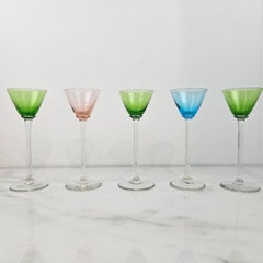 Charming Set of 5 Colored Liqueur Glasses With Long Stem, Ca. 1920