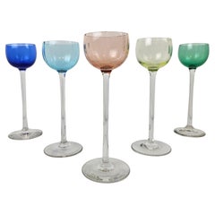 Charming Set of 5 Colored Ribbed Liqueur Glasses With Long Stem, Ca. 1920