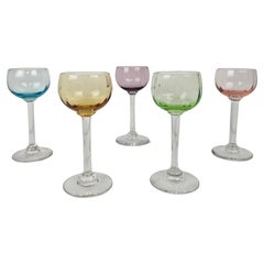Charming Set of 5 Colored Ribbed Liqueur Glasses With Slender Stem, Ca. 1920