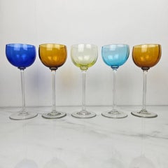 Charming Set of 5 Colored Ribbed Wine Glasses With Long Stem, Ca. 1920