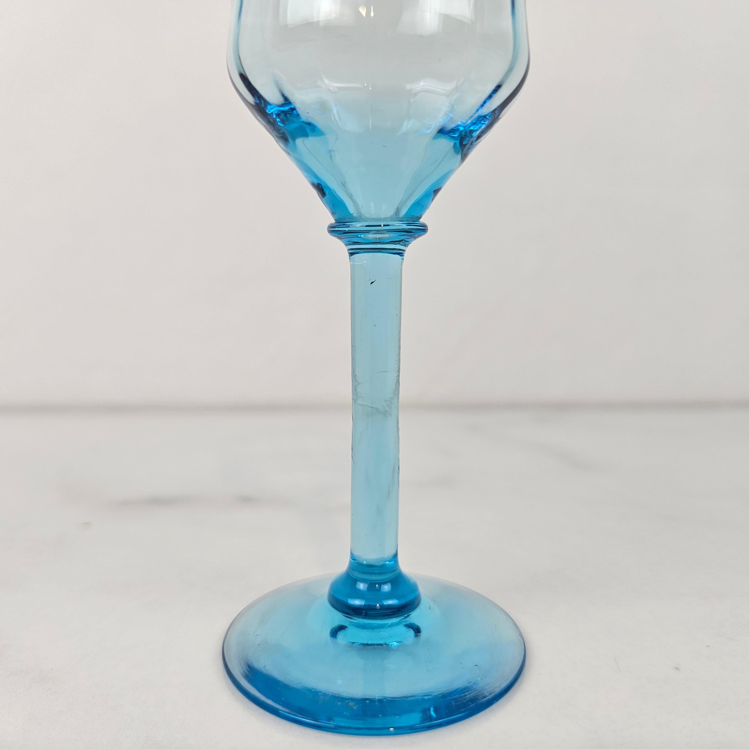 Blown Glass Charming Set of 5 Hand-Blown Full Colored Ribbed Liqueur Glasses, Ca. 1920 For Sale