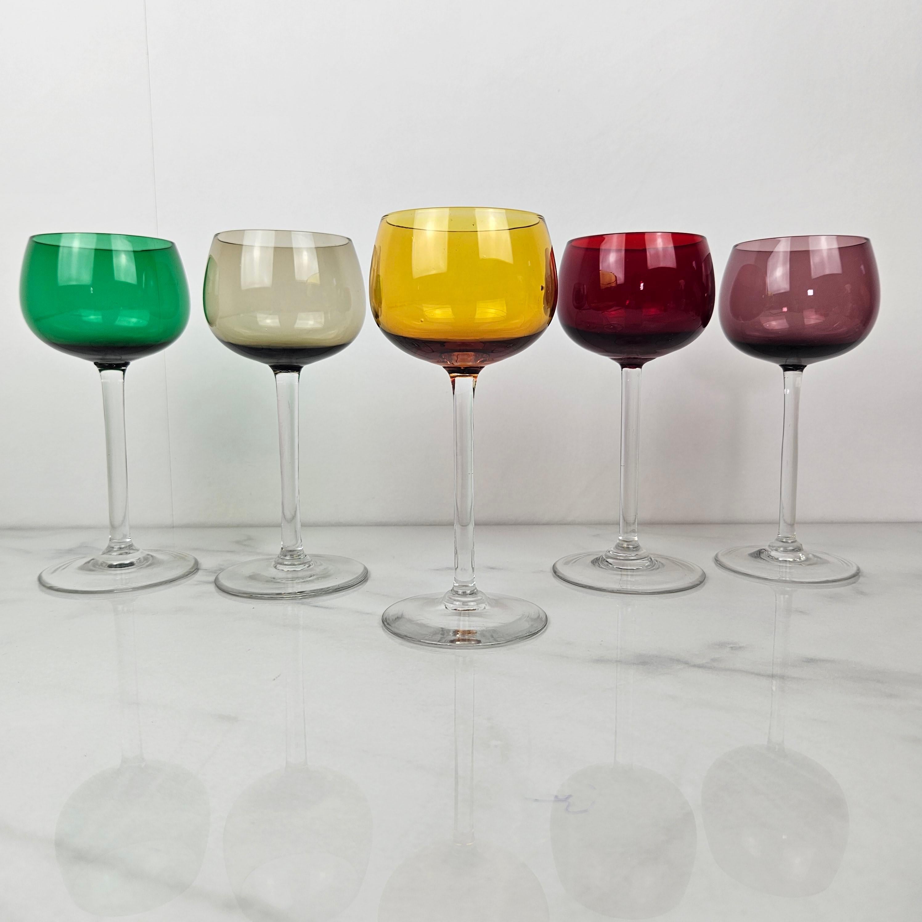 Romantic Charming Set of 5 Multicolored Antique French Hand-Blown Wine Glasses For Sale