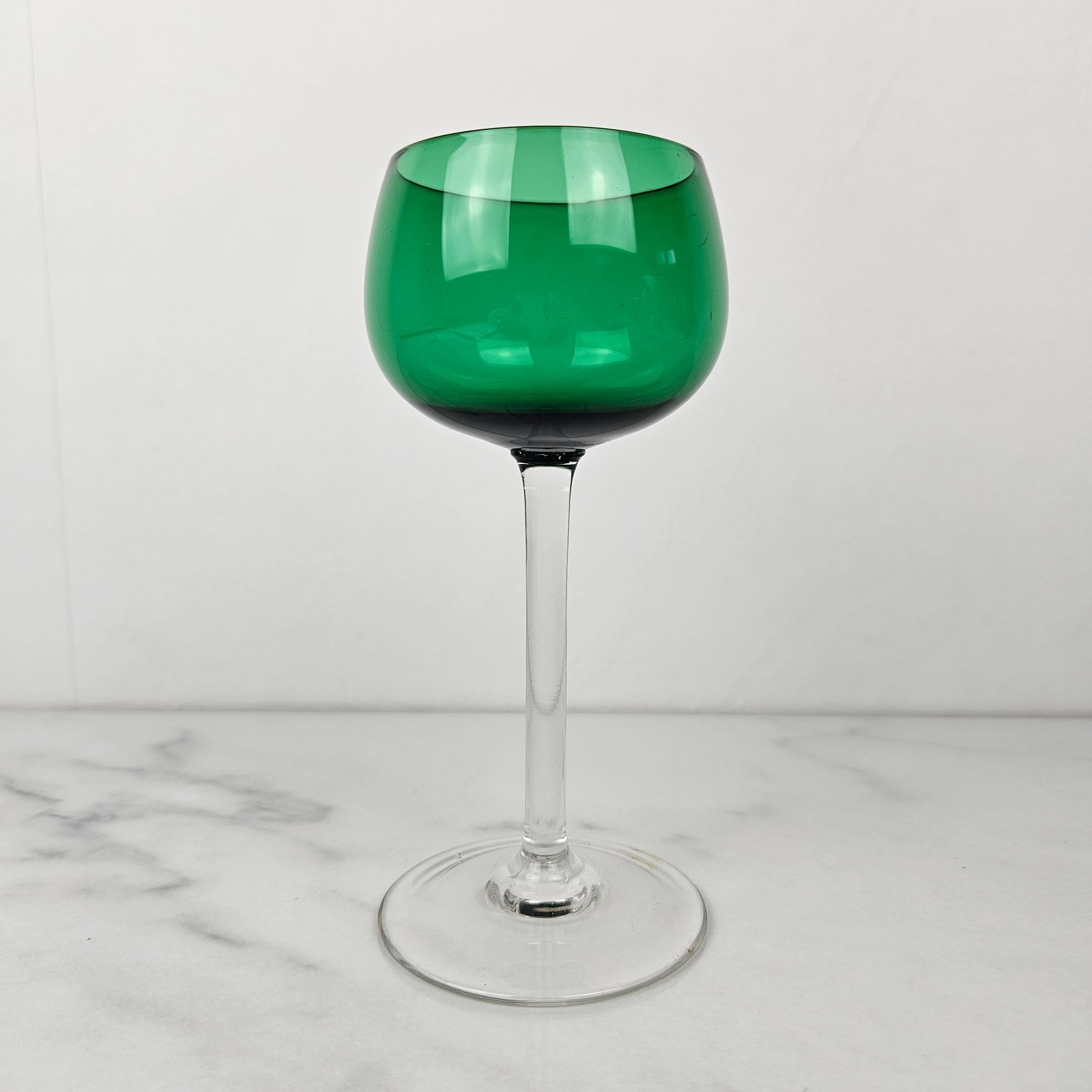 Hand-Crafted Charming Set of 5 Multicolored Antique French Hand-Blown Wine Glasses For Sale