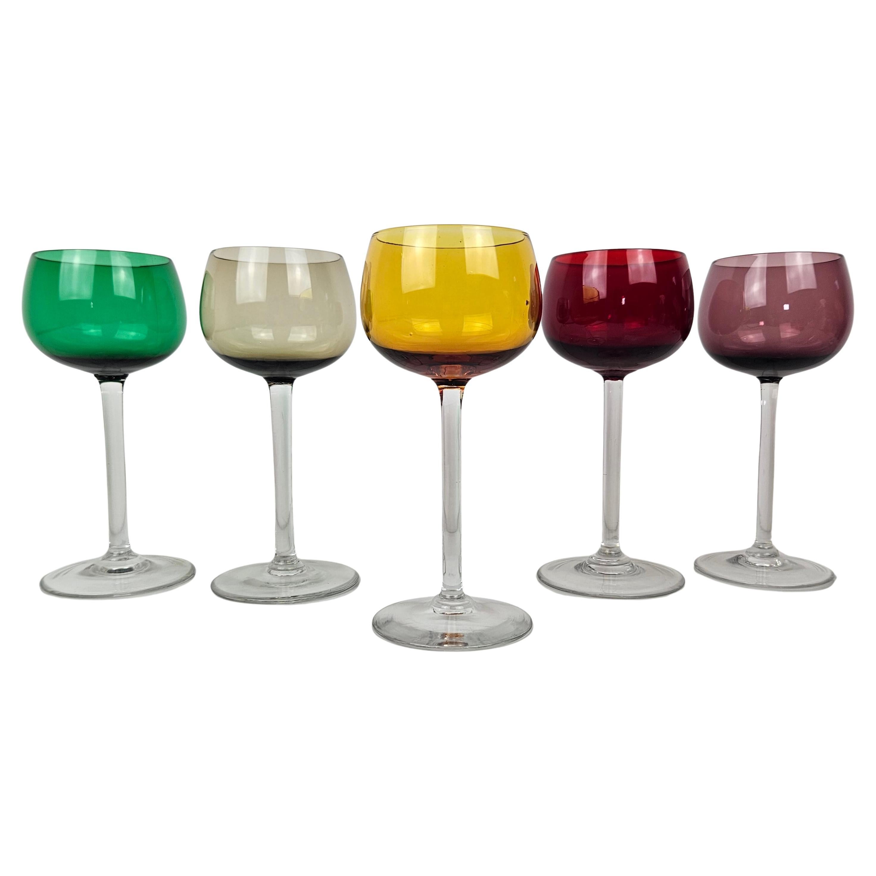 Charming Set of 5 Multicolored Antique French Hand-Blown Wine Glasses